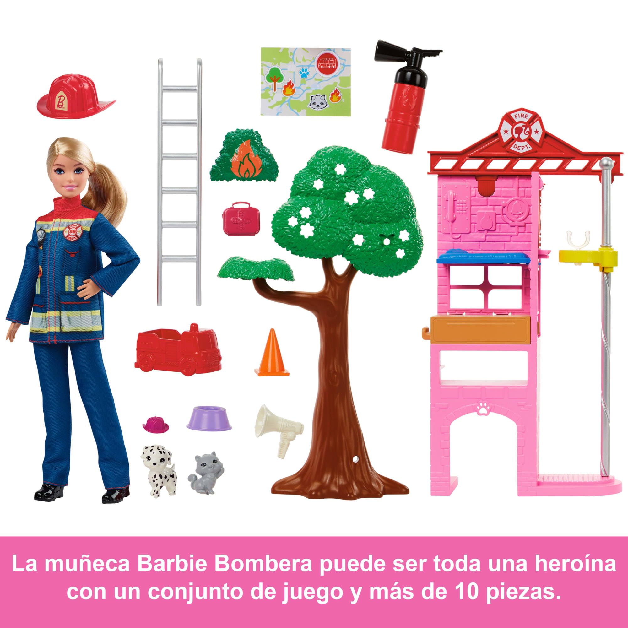 Barbie Tú Puedes Ser Muñeca bombera con estación de bomberos, mascotas y accesorios para la lucha contra incendios, juguete +3 años (HRG55)