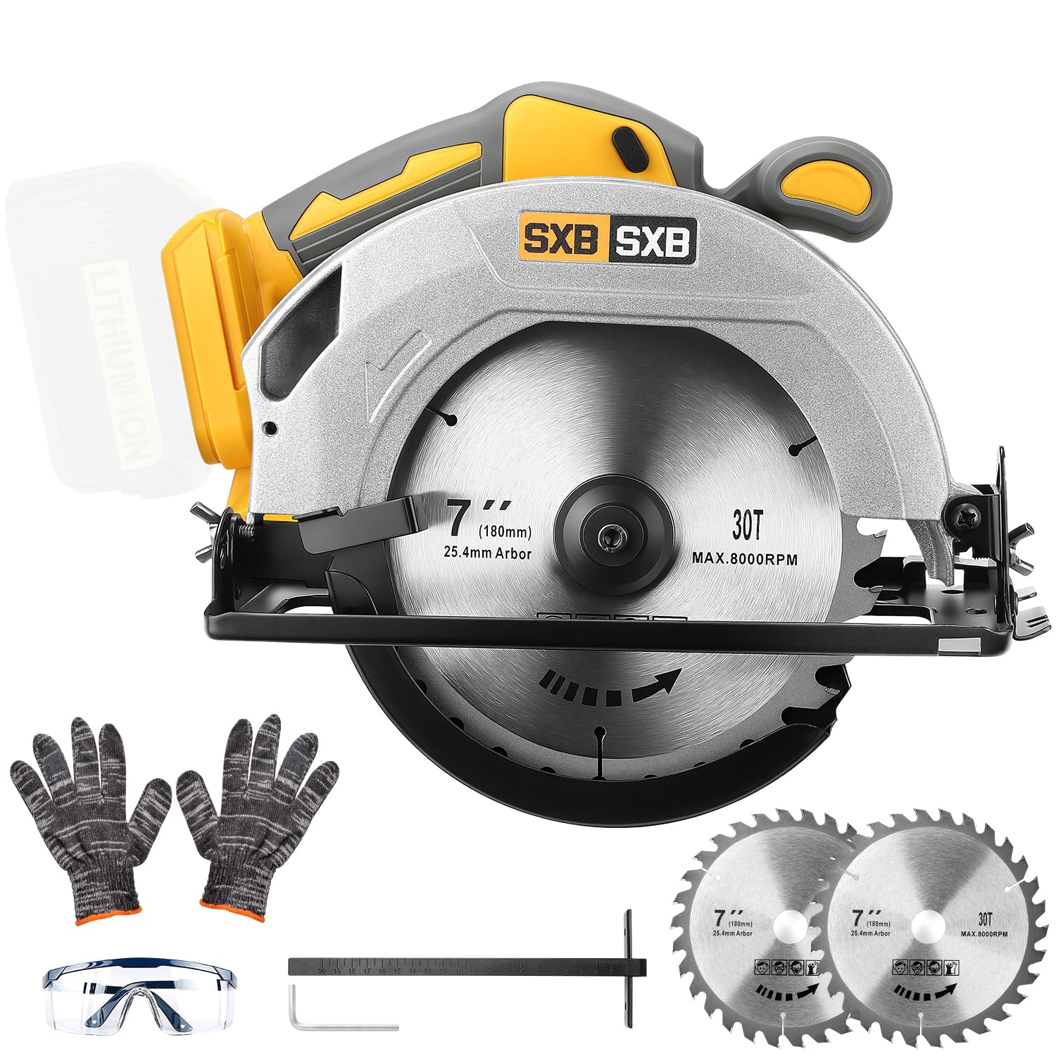 SXBSXB Circular Saw for De-Walt 20V Max Battery, 7-Inch Brushless Cordless Circular Saw, 8000 RPM, 0-45° Bevel, Power Tool for Wood PVC Cutting (Battery Not Included)