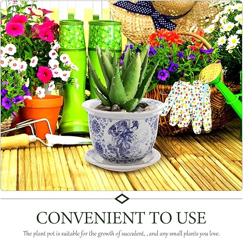 Miniatura 8 de NOLITOY Maceta de porcelana azul y blanca, maceta de celadón para suculentas, maceta de cerámica para plantas de interior