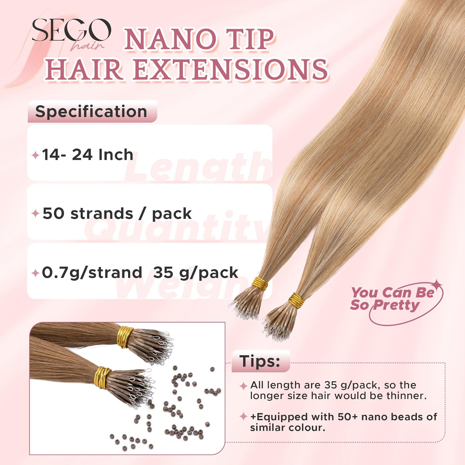 SEGO Nano Tip Hair Extensions Human Hair, Nano Beads Balayage Seamless Highlight Pre-bonded Extensions for Women, 0.7g/strand, 50 strands 35g/pack -16 Inch#12RP613R Golden Brown&Bleach Blonde