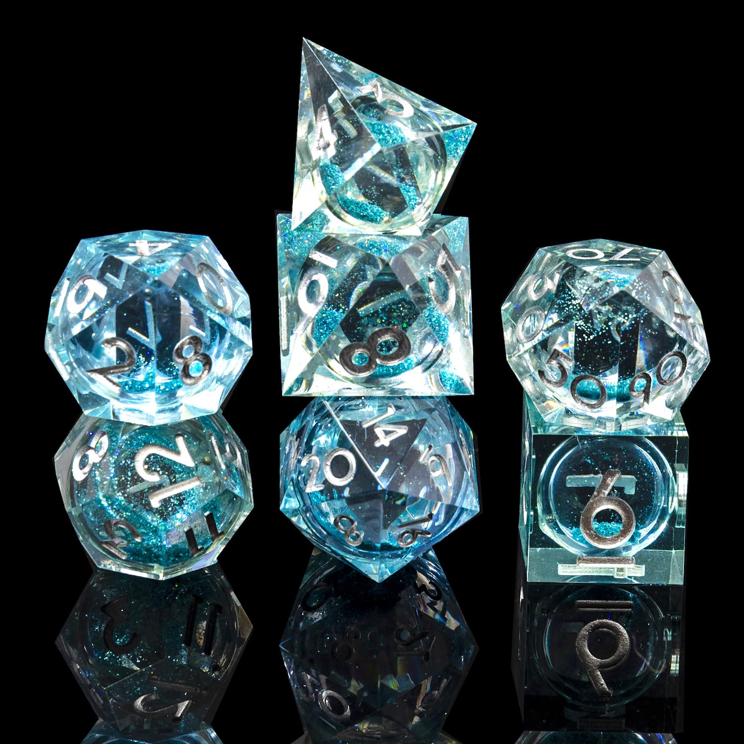 Set di dadi liquidi fatti a mano, con nucleo liquido, palla di sabbia mobile, 7 accessori per giochi di ruolo in resina poliedrica con bordi affilati (color foglia di tè liquido)