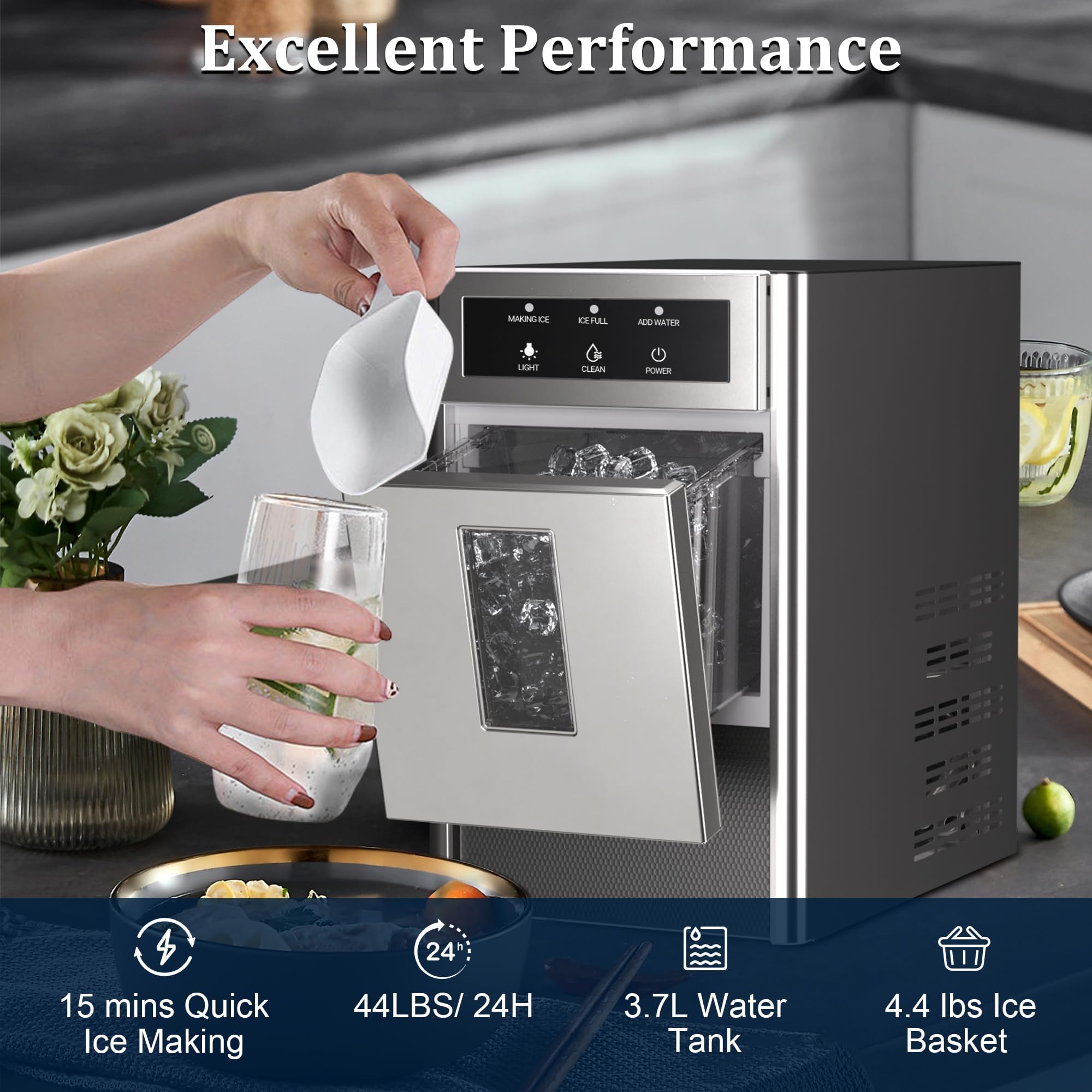 Srgafix Nugget Ice Maker, 44lbs/24h Countertop Ice Makers, Self-Cleaning Ice Machine With 4.4 Lbs Basket, Auto Water Refill, Chewable Pebble Ice Maker For Home Kitchen Party on Fridge.com - View 6