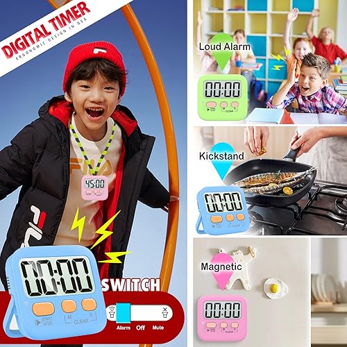 Miniatura 54 de Antonki Paquete de 2 temporizadores digitales para niños, temporizadores de cocina magnéticos de cuenta regresiva para cocinar, huevos, aula, 2 x