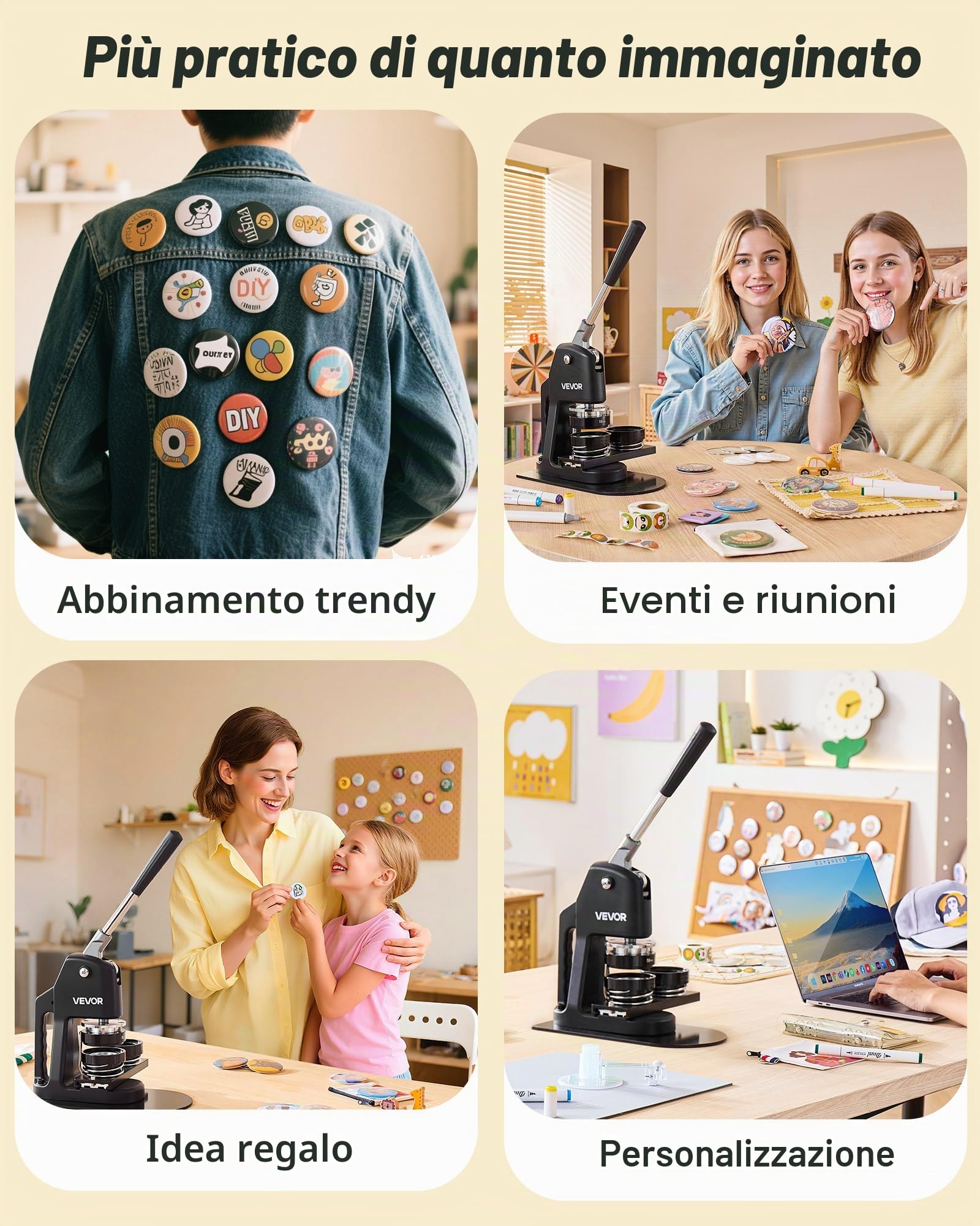 VEVOR Macchina per Spille, Macchina Punzonatrice Manuale con 300 pezzi di Badge Dimensioni 32/58/75mm, Impugnatura Ergonomica, per Spille Personalizzate Fai da te, Nero