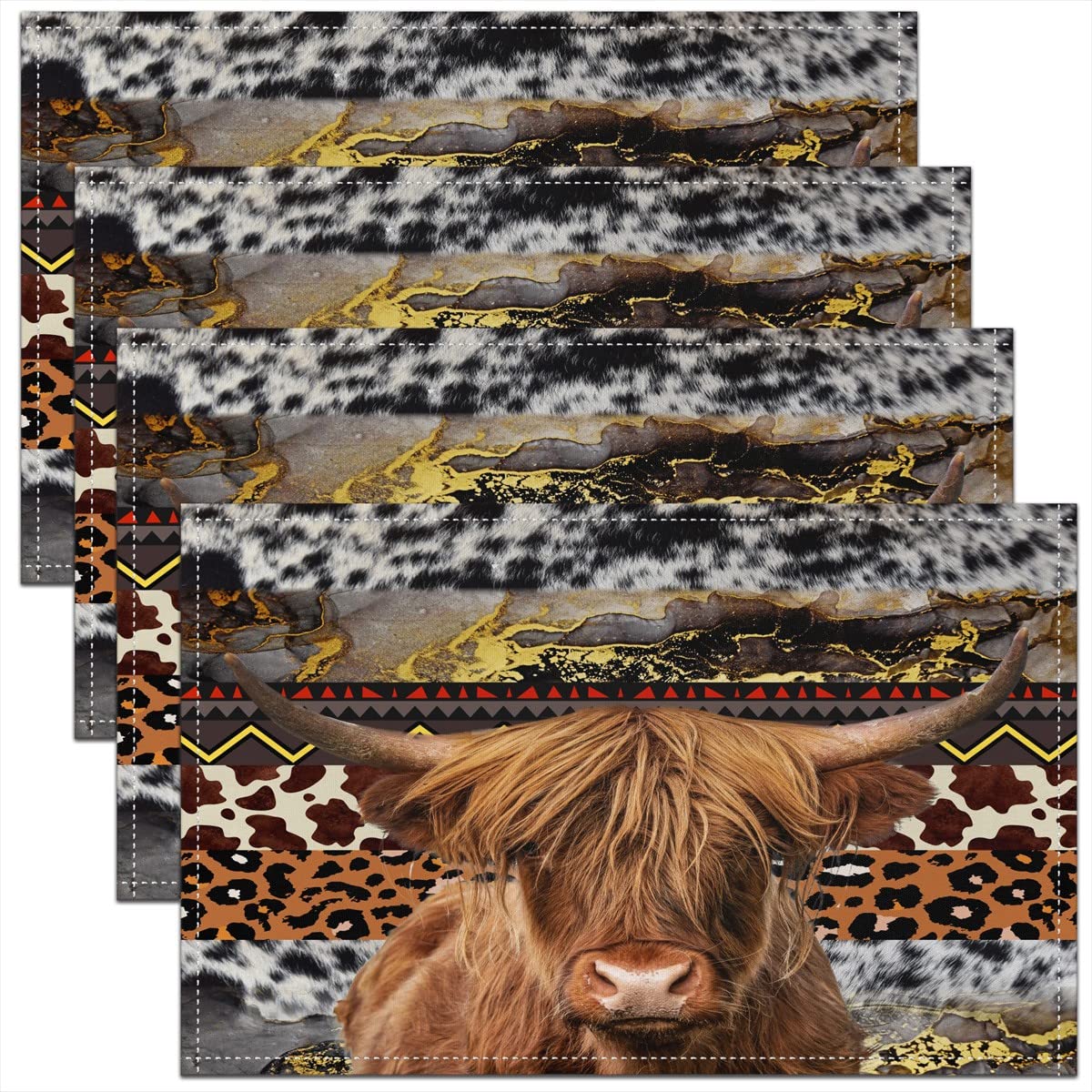Homemissing Multicoloured 17 Highland Cow Placemats 45X30cm Washable Fabric Dining Table Mats Leopard Print Cattle Pattern Brown Kitchen Placemat
