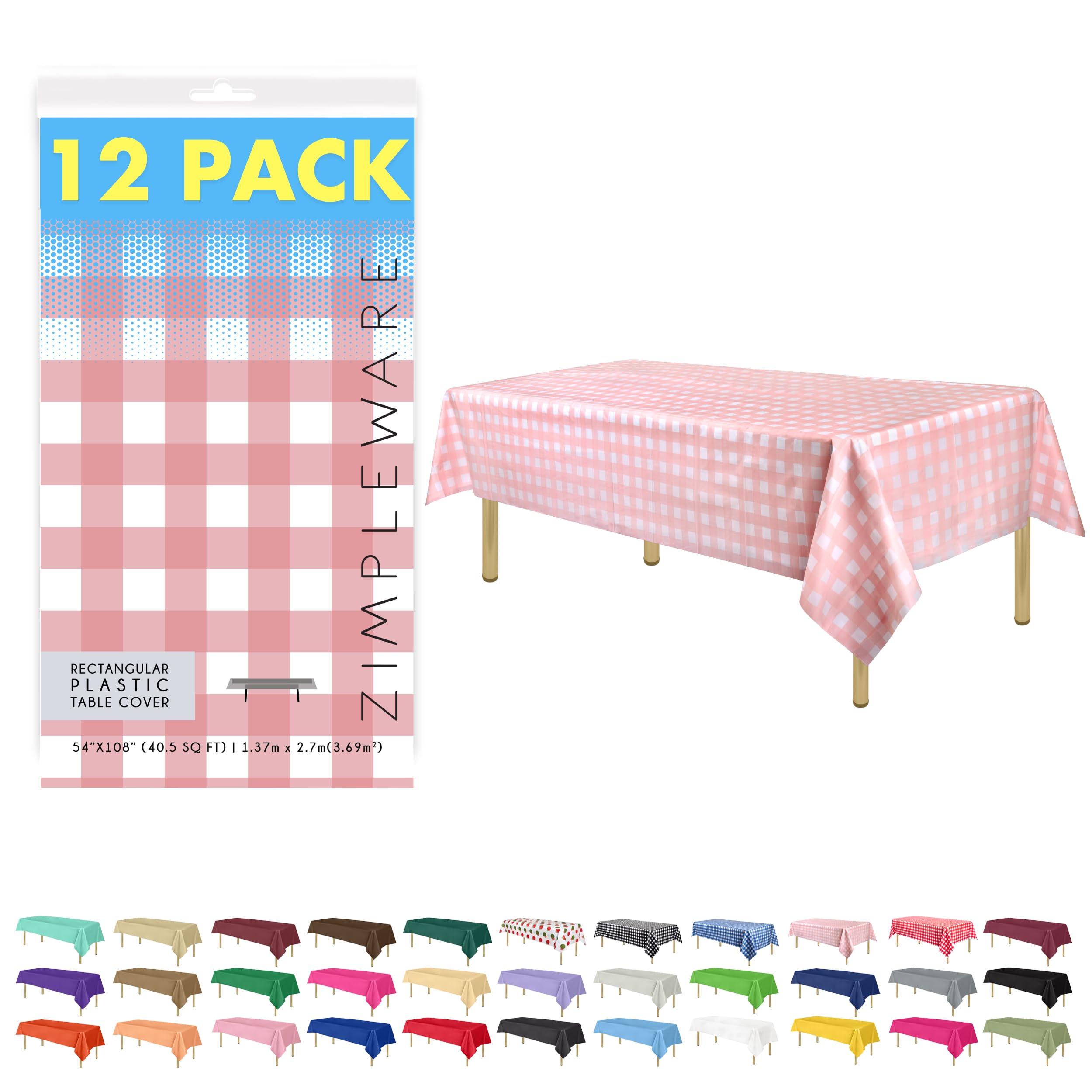 ZIMPLEWARE Premium Pink Gingham Checkered Plastic Table Cloth Disposable (12 Pk) Plastic Tablecloths for Rectangle Tables (54in x 108in) Party Table