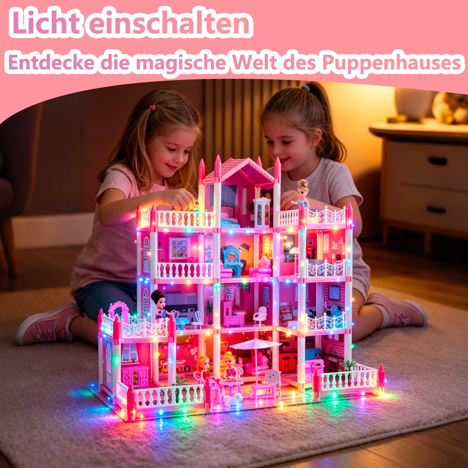 Großes Puppenhaus für Mädchen von 3–12 Jahren, 11 Zimmer, Puppenhaus mit Beleuchtung, Spielmatte, Puppen, Möbeln und umfangreichem Zubehör, Kinder