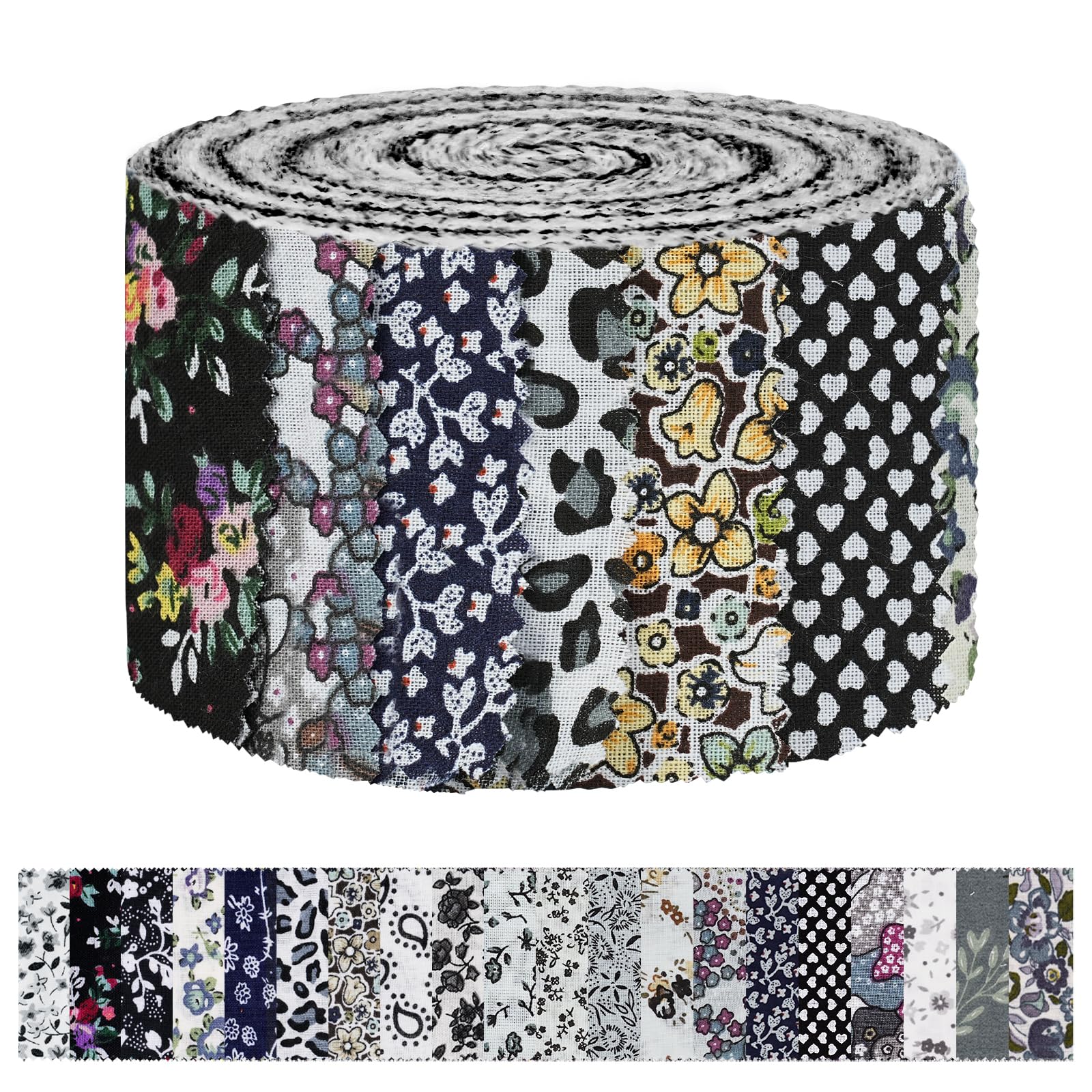 AOOSA Jelly Roll Fabric Strips for Quilting, 40 Strip Cotton Quilting Fabric 2.5 x 44 Inch, Precut Bundle Roll with 20 Assorted Floral Prints, Fabric Jelly Rolls for Sewing, Blanket, DIY Crafts, Black