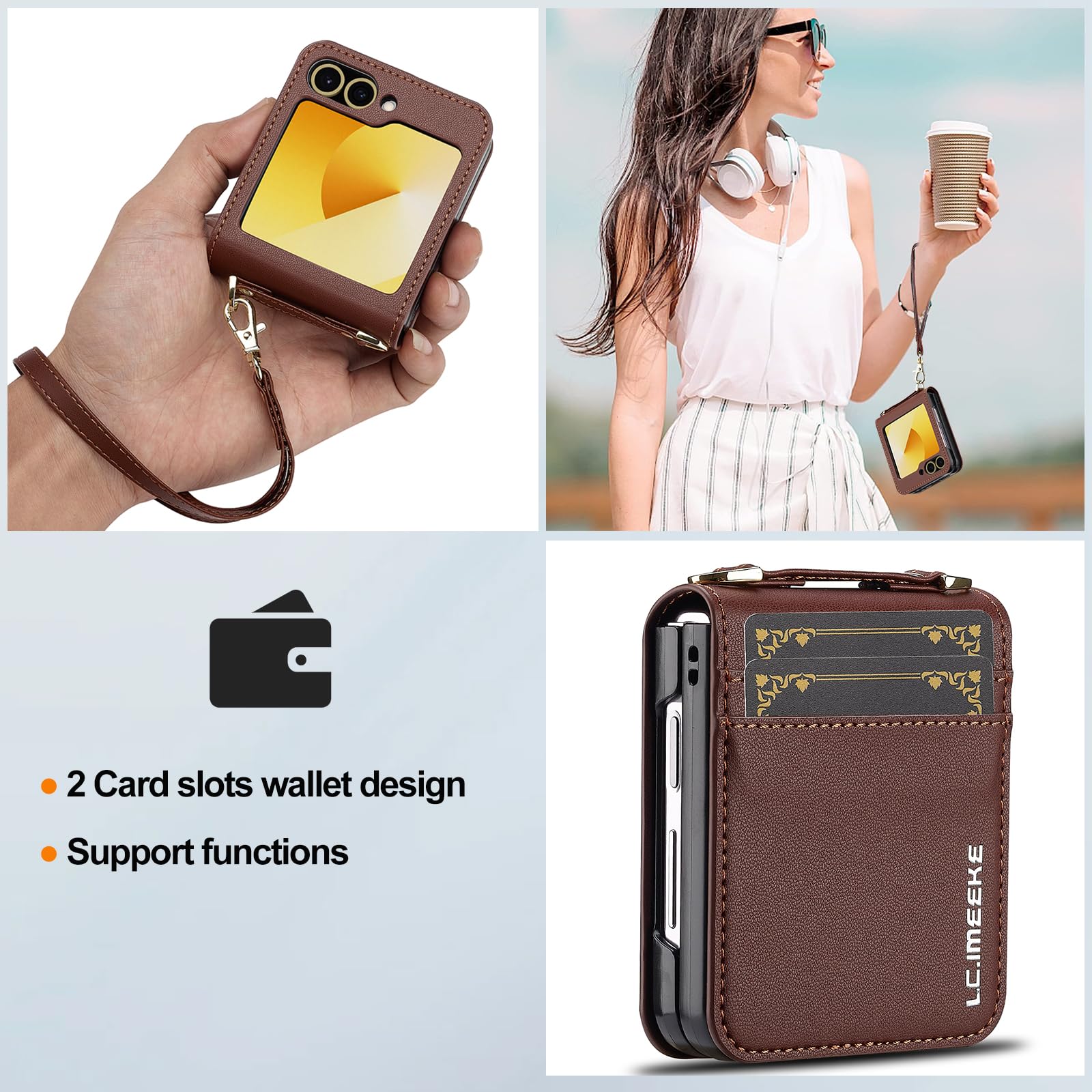 Etui z klapką ze skóry PU z podstawką do Samsung Galaxy Z Flip 6, stylowe, z miejscem na karty, paskiem na rękę i paskiem na ramię (brązowy)
