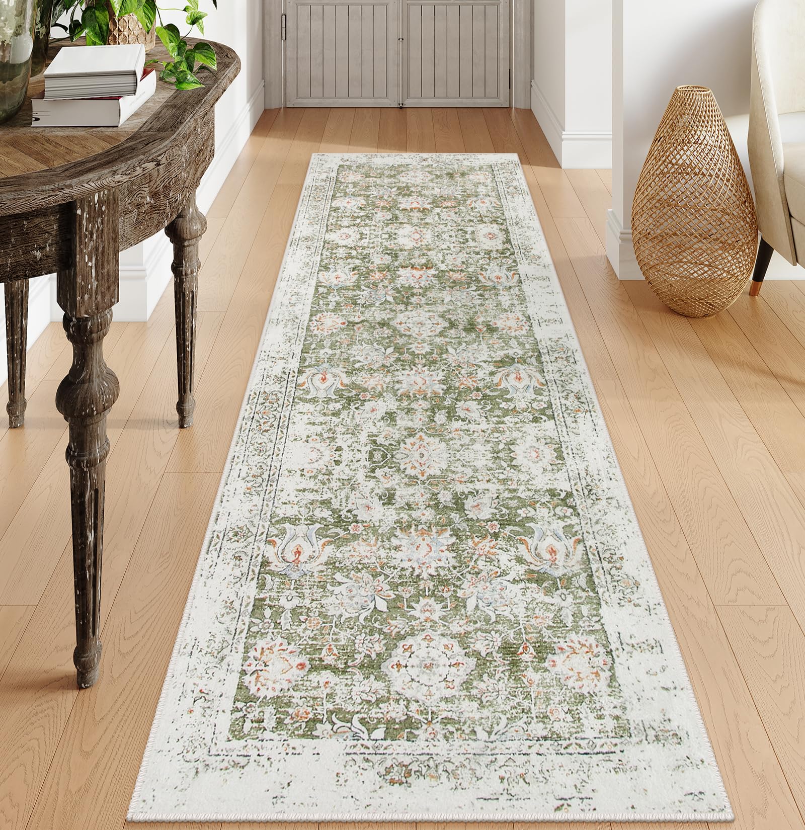 Lahome Vintage Green Floral Hallway Runner Rug, 2.5X8 Washable Runner Rug Non Slip Soft Ultra Thin Kitchen Runners, Non Shedding Carpet Runners for Hallway 8ft Bedside ‎Laundry,Green Green 2