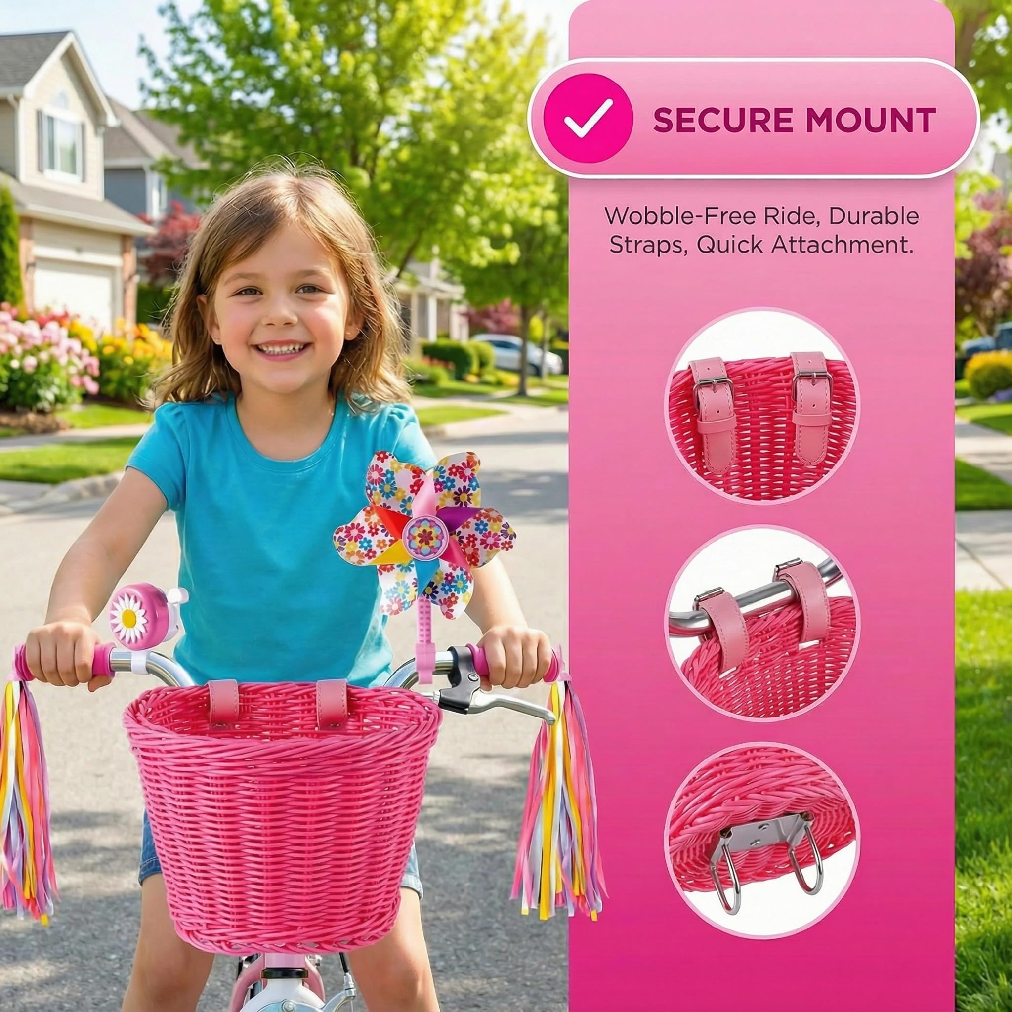 Panier de vélo pour Enfant - Accessoire Avant de vélo pour Filles et garçons - Panier de vélo en Tissu avec Autocollants, Sonnette, Moulin à Vent et 1 Paire de Rubans colorés avec Pompons