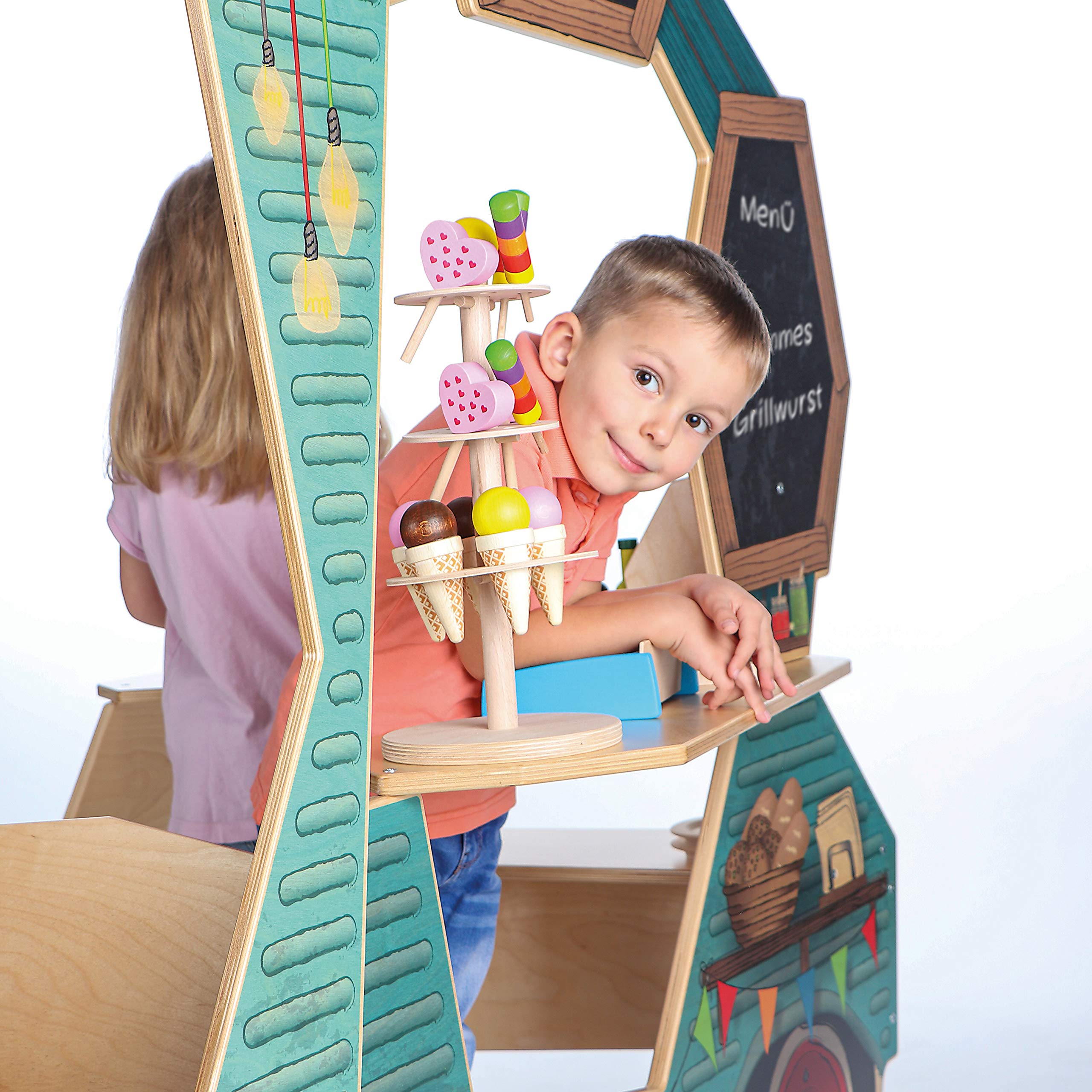 Erzi 10046 Foodtruck aus Holz, Kaufladenspielzeug für Kinder | Kaufmannsladen, Rollenspiele, Kreative Spielwelten gestalten