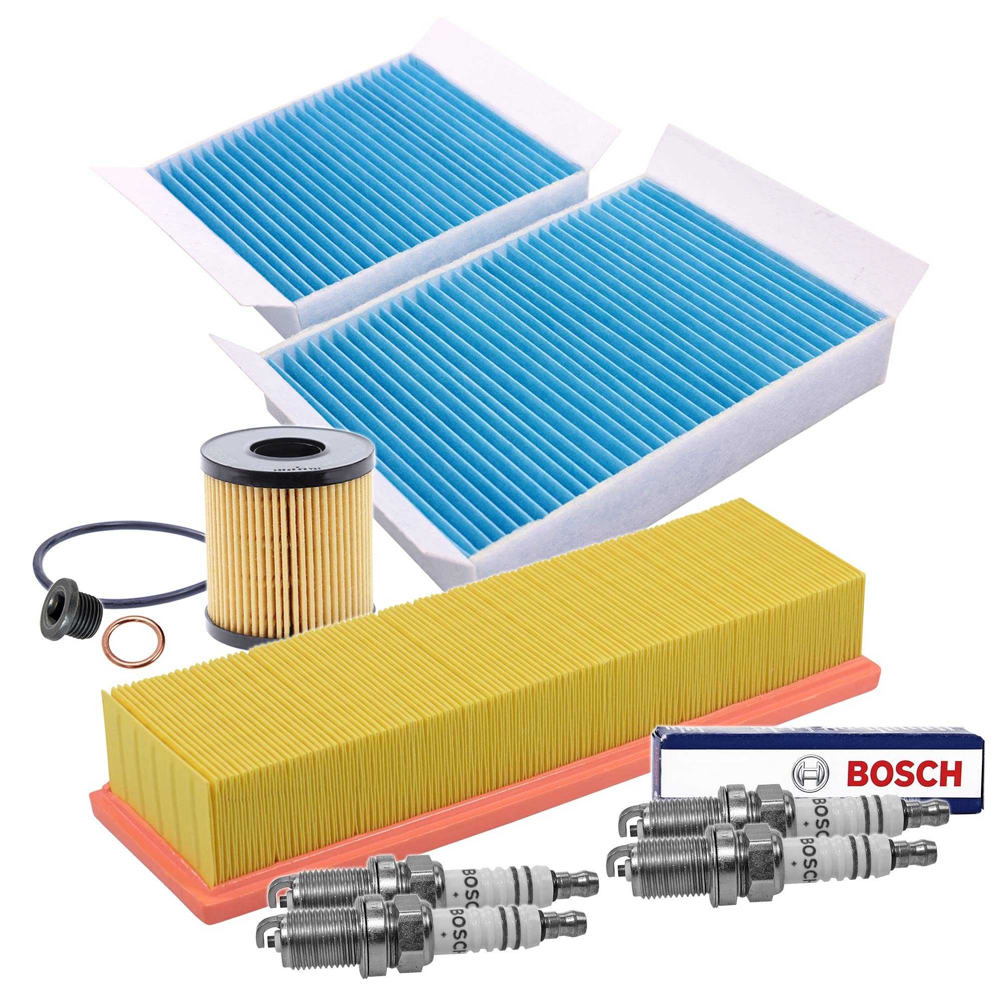 BESTPRICE Set di filtri di ispezione con 1x filtro aria, 2x filtro abitacolo, 4x candela FR7DC+, Compatibile con CITROËN C3 II (SC_), PEUGEOT 207 (WA_, WC_)(WK_)