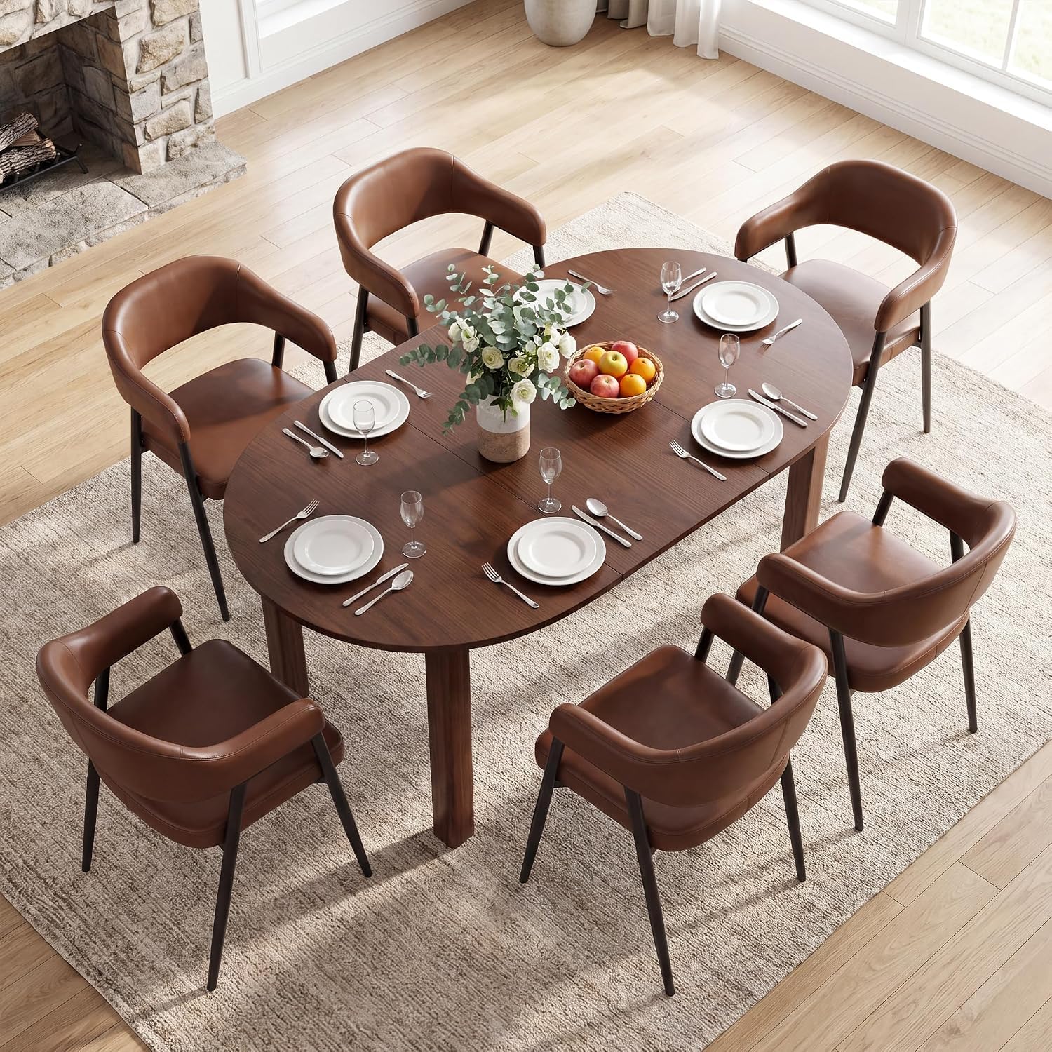HNY Modern Dining Room Arm Chairs Set of 6 in Brown Faux Leather