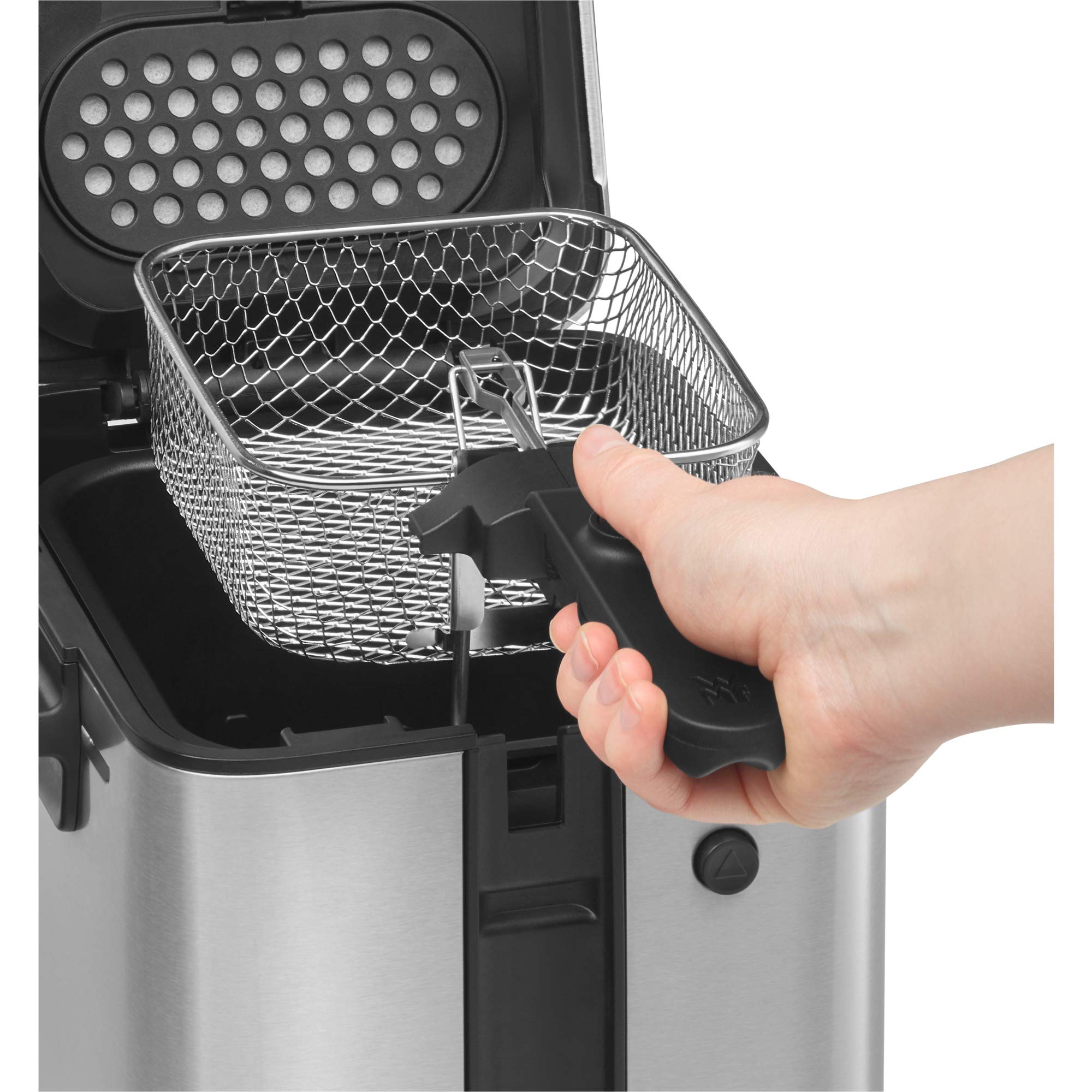 WMF Küchenminis mini frytkownica z tłuszczem/olejem, mini frytkownica z krajalnicą do ziemniaków, 1000 W, wyjmowany pojemnik na olej, na chrupiące frytki, stal nierdzewna matowa