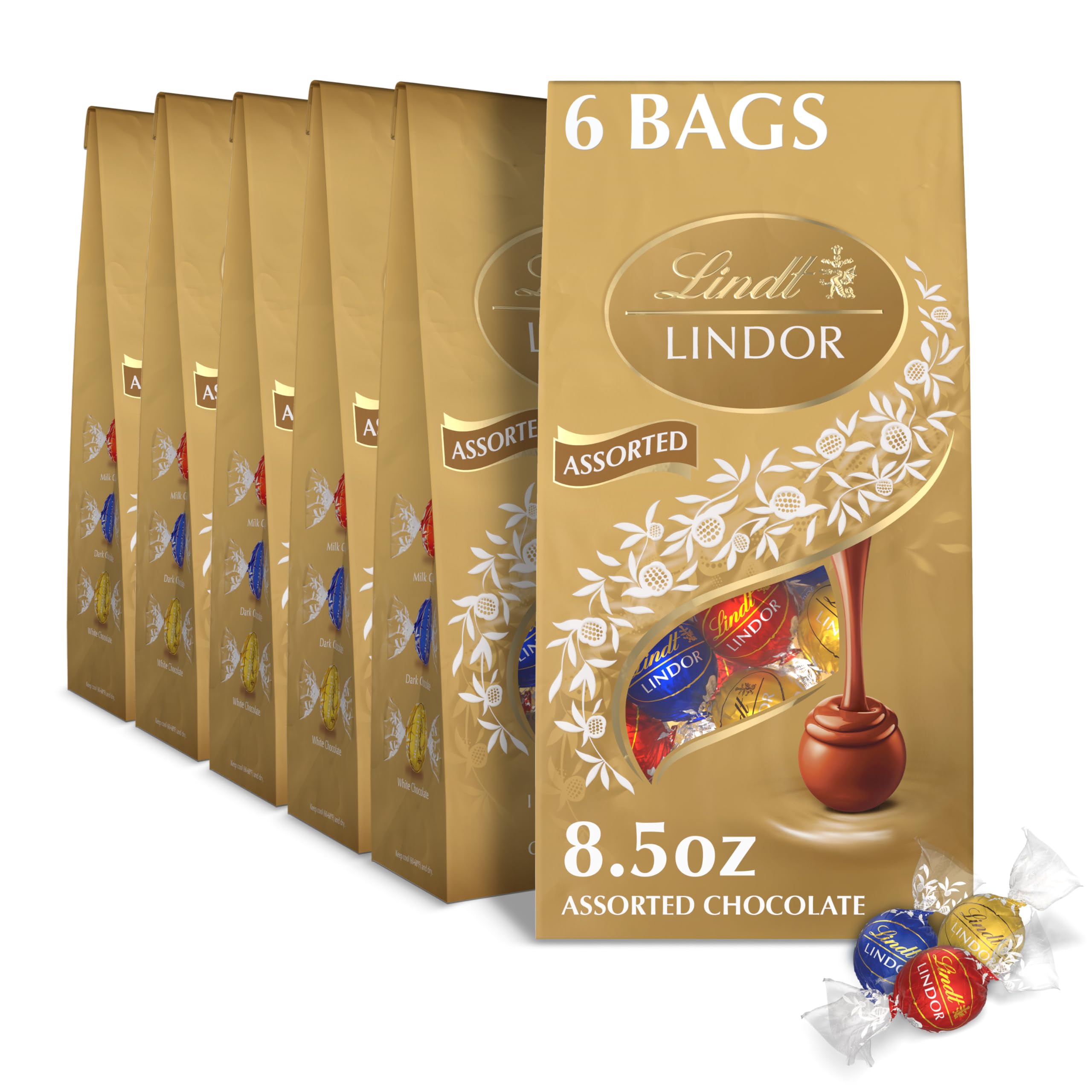 Lindt LINDOR Assorted Chocolate Truffles, Chocolate Candy with Smooth, Melting Truffle Center, 8.5 oz. Bag (6 Pack)