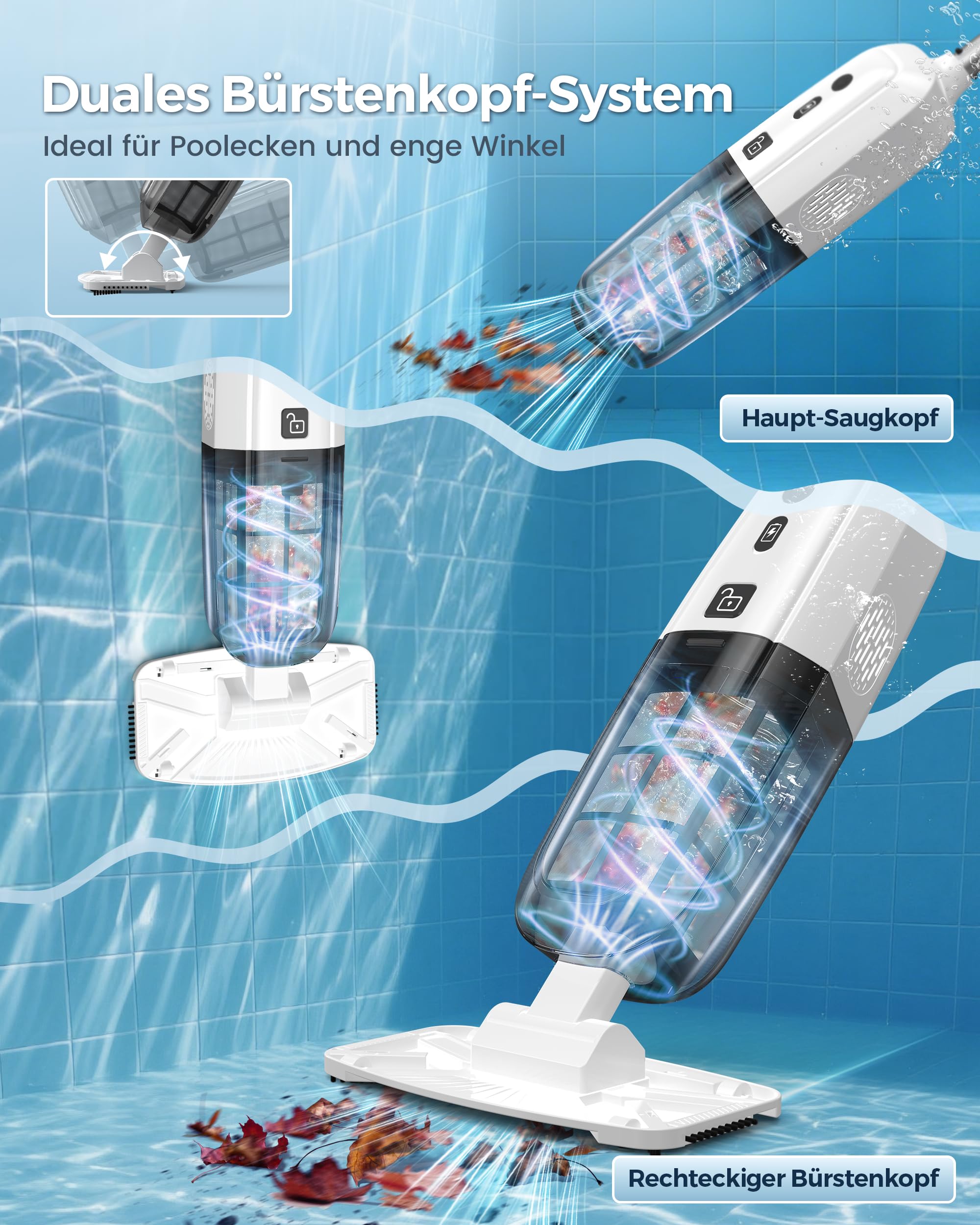 2026 Upgrade Poolsauger Akku,Pool Handsauger Mit Betriebsdauer Bis Zu 70 Minuten, 250cm Verlängerungsstangen,Poolreiniger Mit 180μm Filter,Ideal für Aufstellpool & Einbaupool, Spas, Whirlpools, Weiß