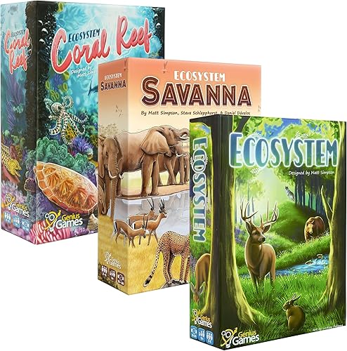 Genius Games Paquete de ecosistema, ecosistema de arrecife de coral y sabana, un juego de cartas familiar sobre animales, sus hábitats y