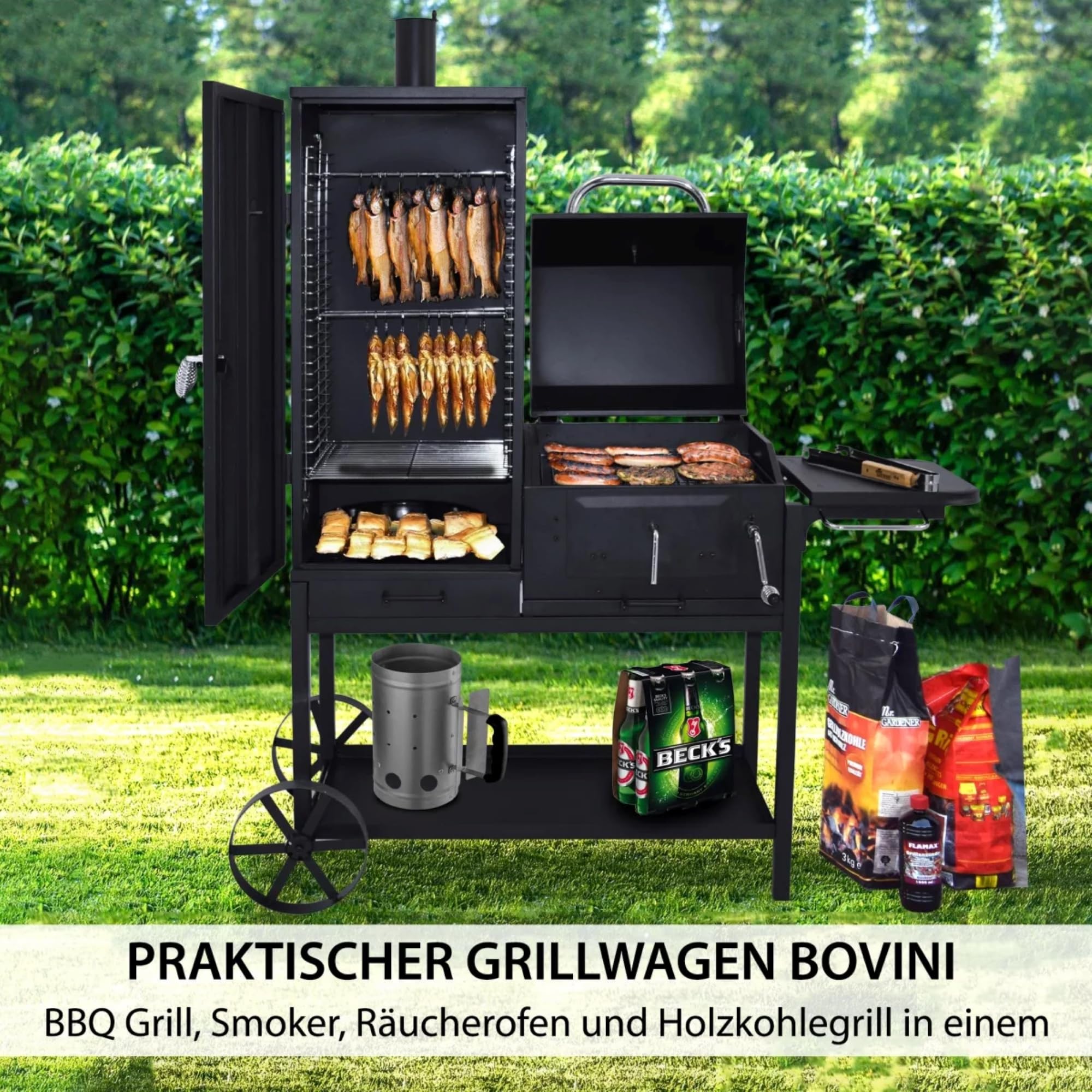 Syntrox Smoker Klavor mit Räucherofen, BBQ-Grill, Holzkohlegrill. Smokergrill, Stahl, Stahlblech mit Feuerschutzlack, Grillkammer und Räucherkammer, Holzgriffe, Aschetür mit Riegelverschluss