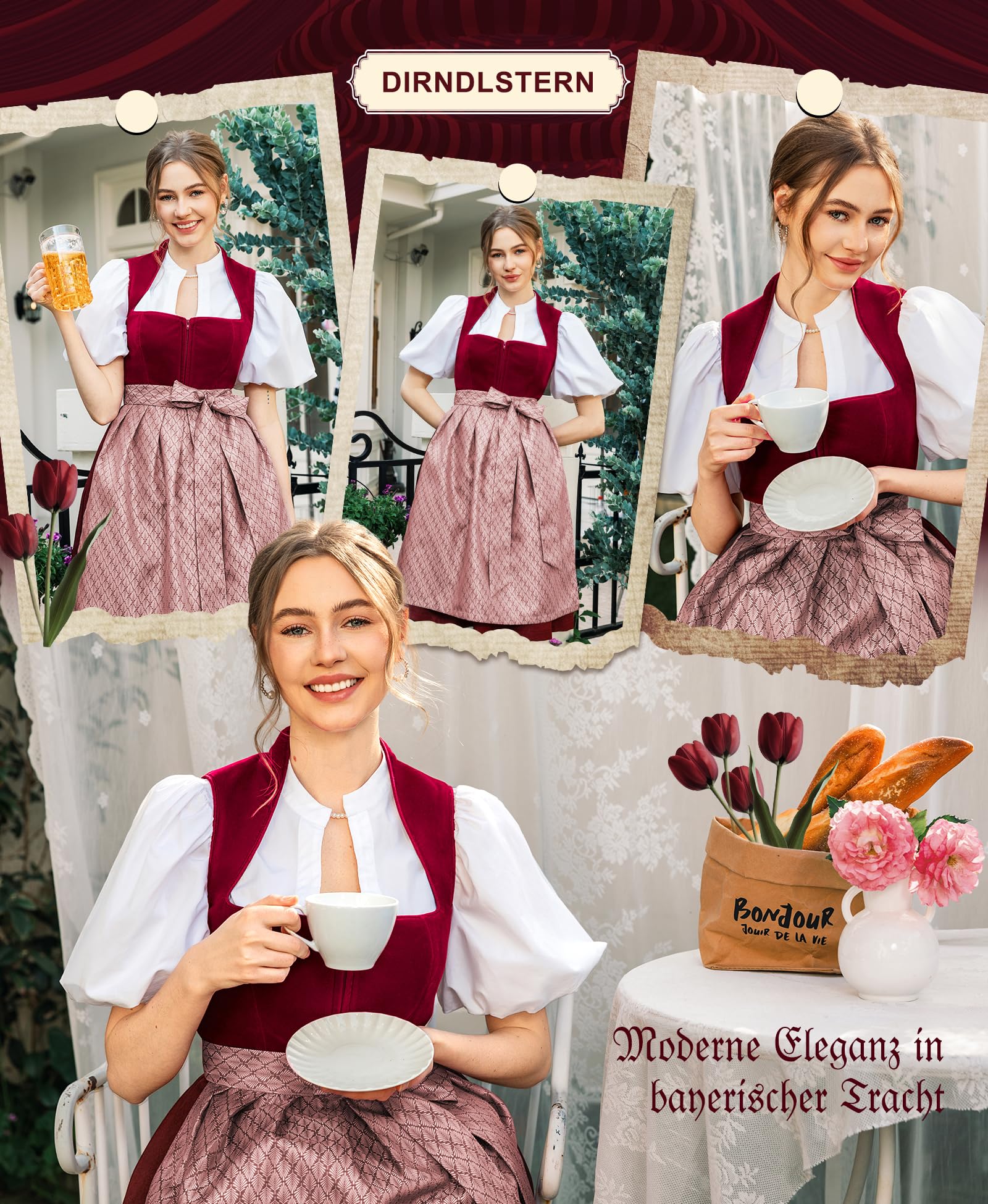 DIRNDLSTERN Damen Midi Rot - Elegantes Trachtenkleid Samt Plissee Schürze Perfekt für Oktoberfest