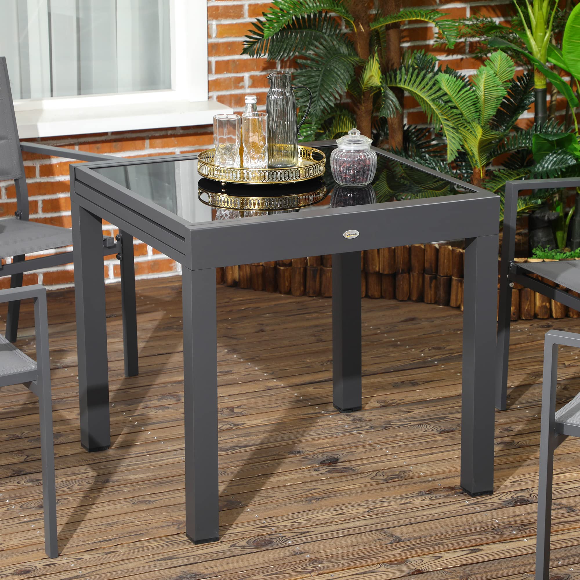 Outsunny Mesa de Jardín Extensible de Aluminio Mesa de Comedor Rectangular con Encimera de Vidrio Templado para 4-6 Personas Carga 50 kg para Terraza 80-160x80x75 cm Negro