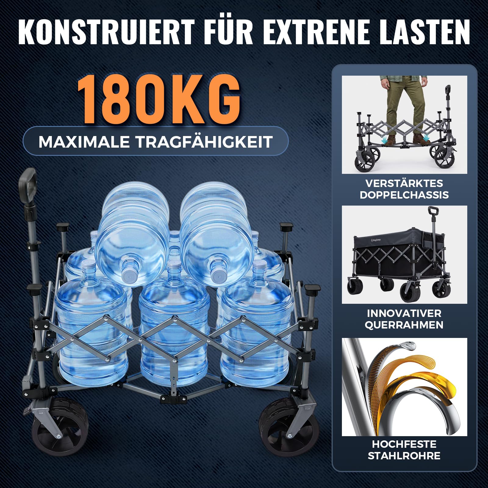 KingCamp 200L Faltbarer Bollerwagen mit 180kg Tragkraft & 7 in Breitreifen | Ultrakompaktes 4-Wege-Faltsystem, selbststehendem Griff für Strand, Camping, Shopping & Garten