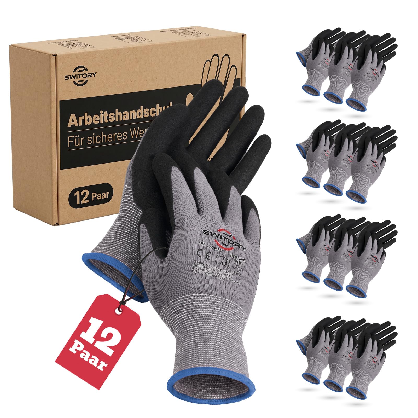 Switory 12 Paar Arbeitshandschuhe Herren, Mechaniker Handschuhe Ölbeständig Montagehandschuhe, EN388 4121X Professionelle Rutschfeste Schutzhandschuhe (Größe 10XL)