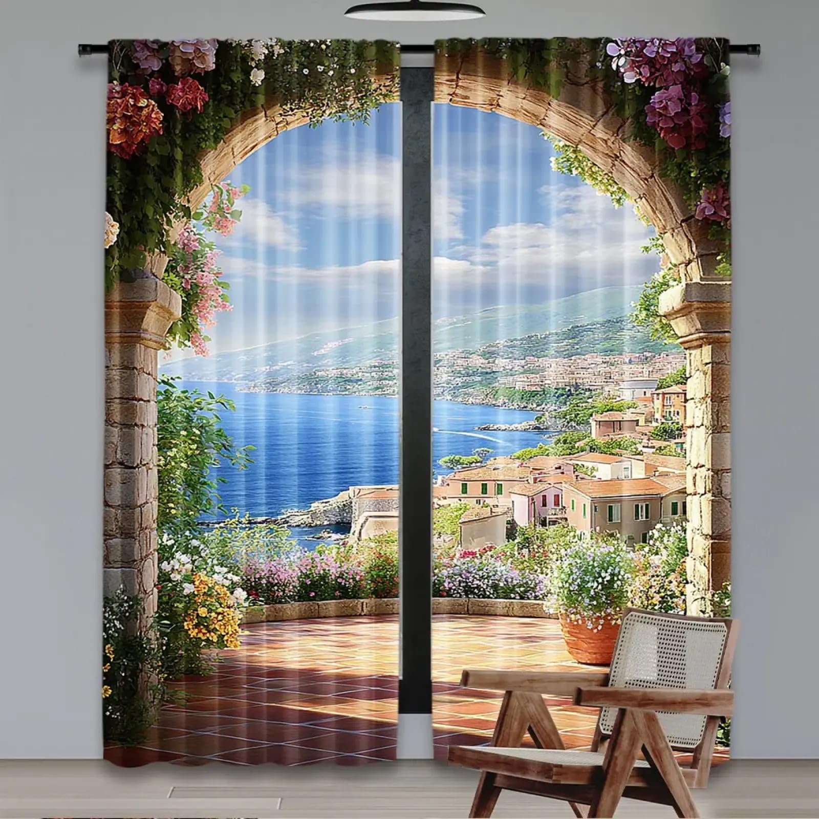 2 Stücke Mediterraner Garten Terrasse Verdunkelungsvorhang Romantisches Bogentor Mit Grünen Blättern Rebe Blühende Blumen Italienische Küste BxH/2x100x170cm ösen gardinen
