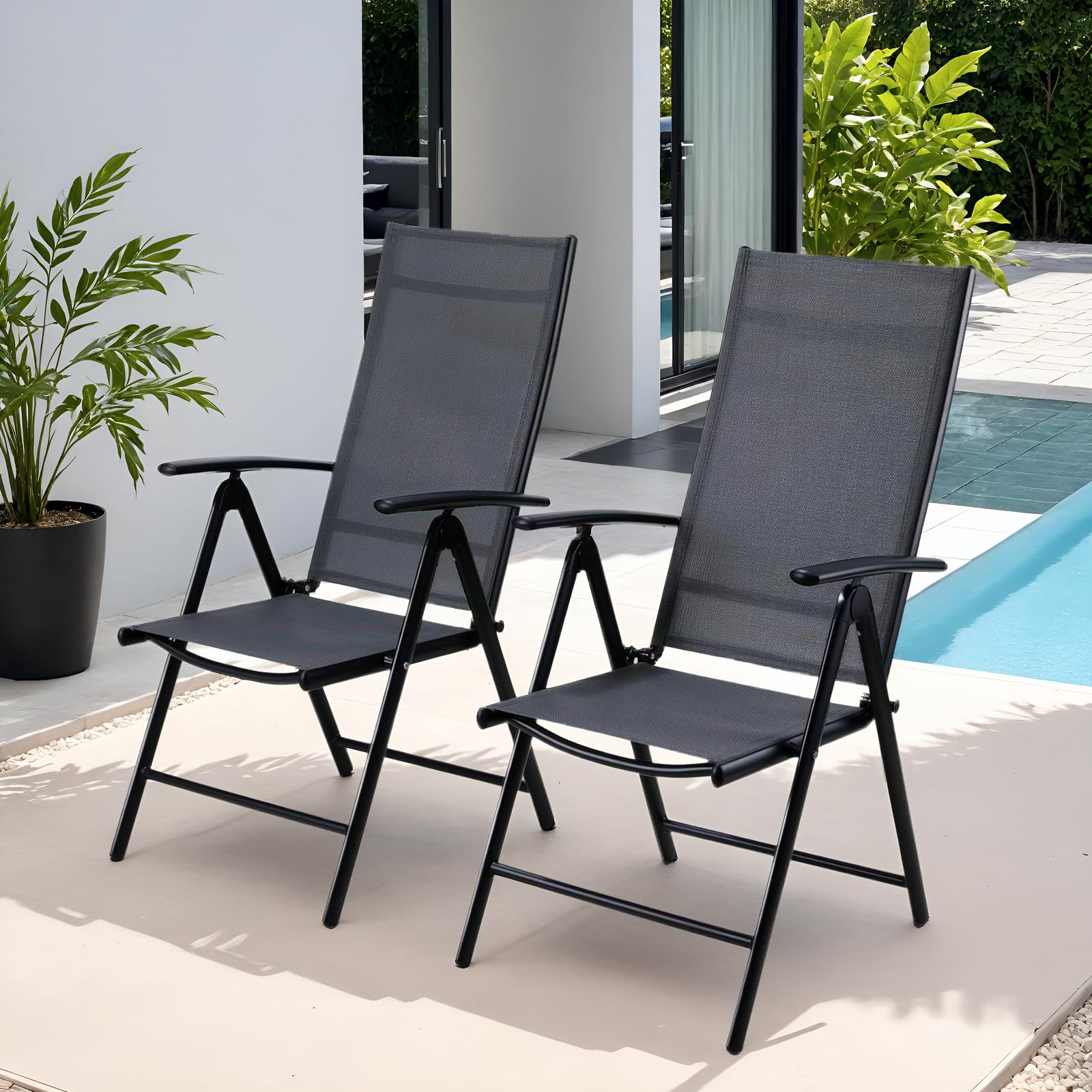 Clevich Gartenstühle Alu 2er Set, Hochlehner Klappbar mit 7-Fach Verstellbar Rückenlehne, bis 120kg, Dunkelgrau
