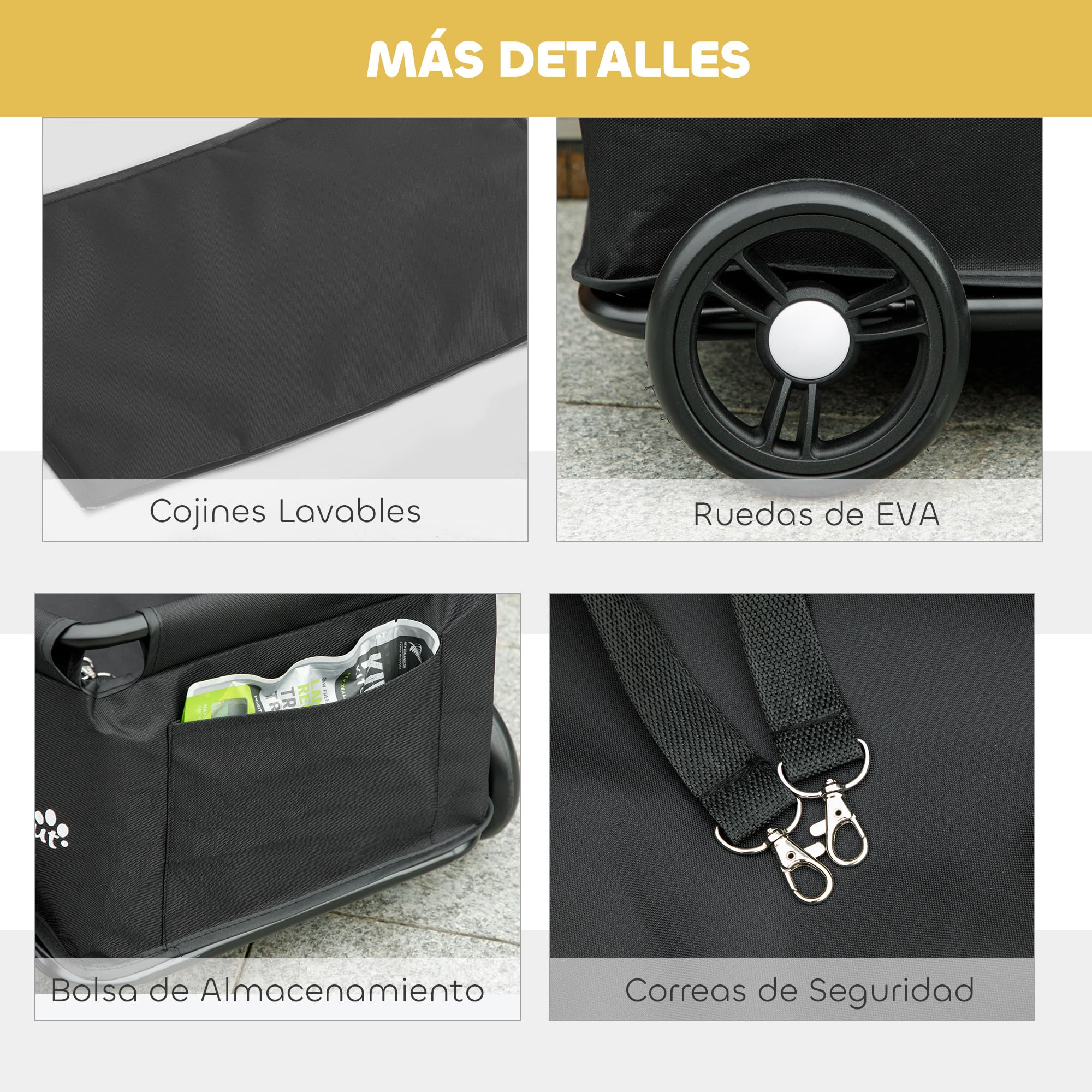 PawHut Carrito para Perros Plegable Cochecito para Mascotas Carrito para Perros Miniatura con Barra de Empuje Ajustable Diseño Abierto Cojín Bolsa de Almacenamiento y Ruedas 53x45x28 cm Negro