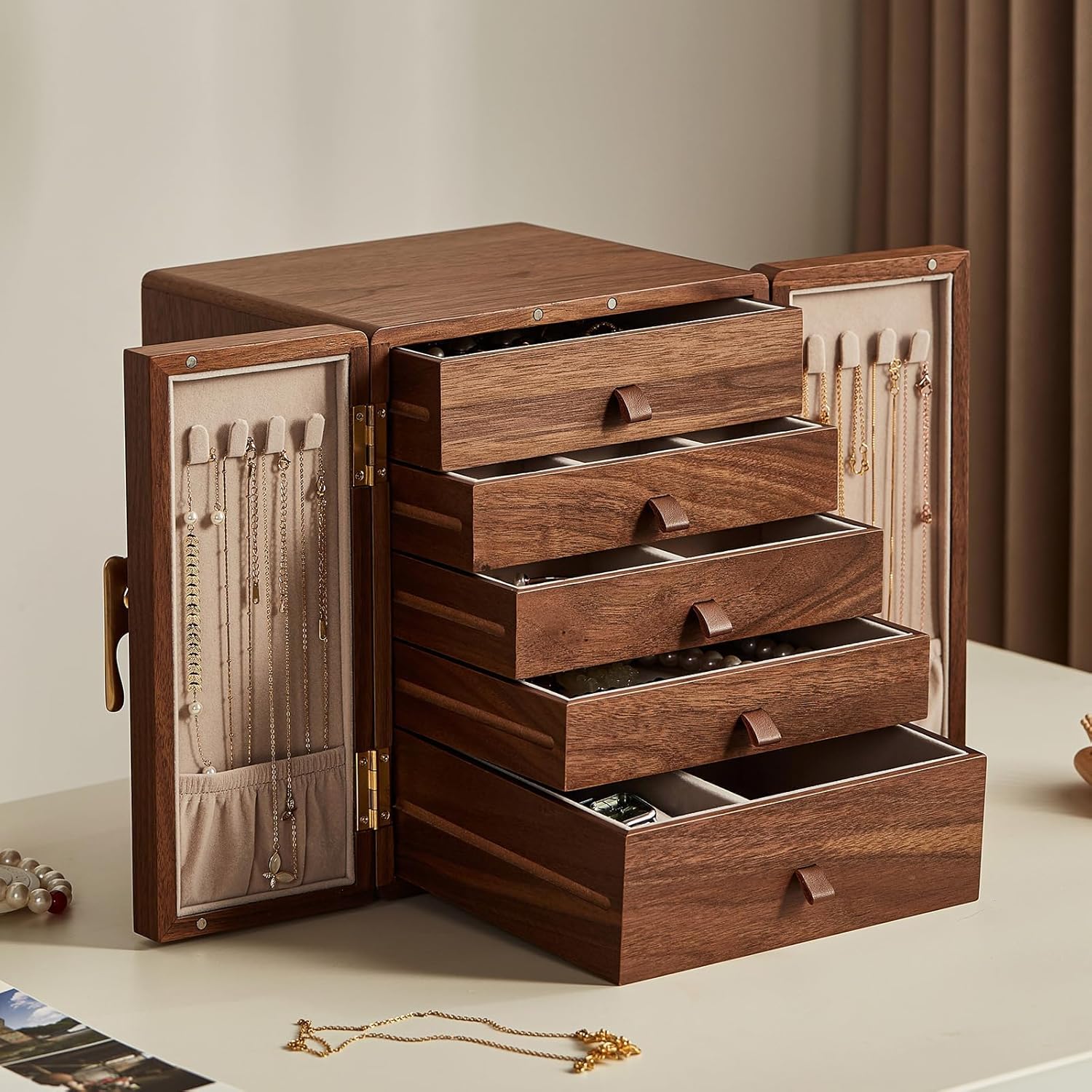 chosin black walnut wooden jewelry box 5 layer large wood jewelry organizer brass handle for necklaces rings earrings watches storage monther mothers day gifts for mom (7.9x8.7x10.0inches) ginkgo leaf - shaped handle
