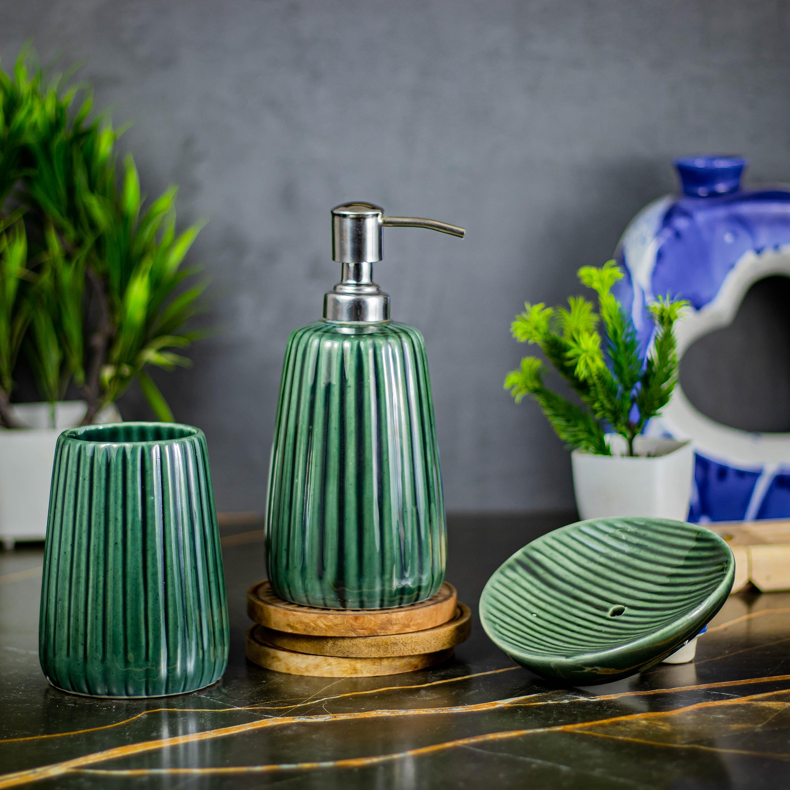Kaolinite Ceramic Bathroom Accessories Set for Utility and Bathroom Decor | Liquid Soap Dispenser, soap Tray, Toothbrus Holder Glossy Aqua Green (GOA_13) (B0CFTXD214) Amazon Price History, Amazon Price Tracker