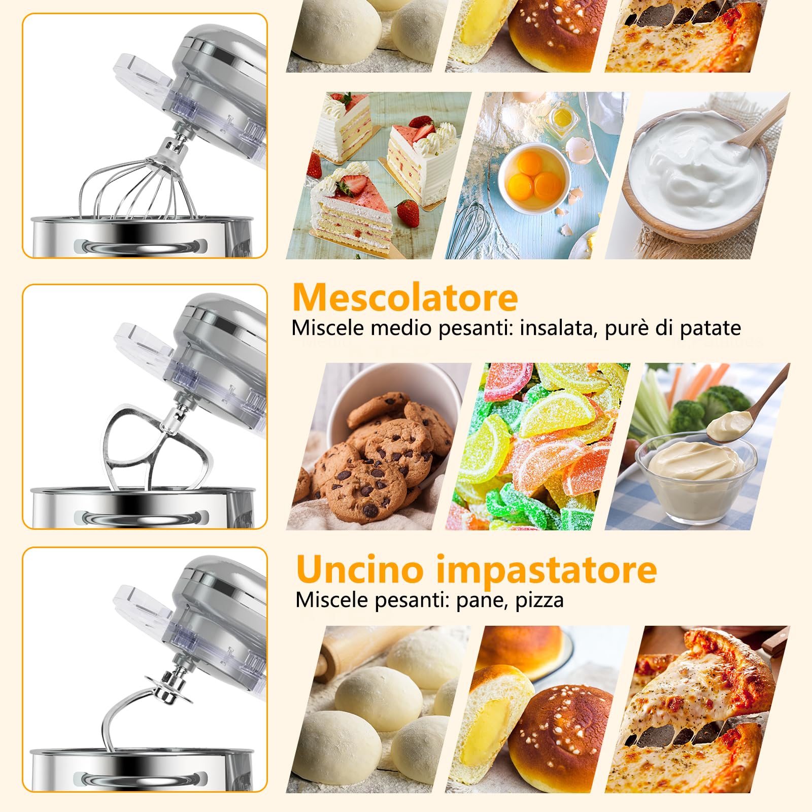 AUMATE Tilt-Head - Batidora de pie, mezclador de cocina, Impastatrice Professionale 8 Litri 1400W, Impastatrice Pizza con Uncino Impastatore (Argento, 8 L)