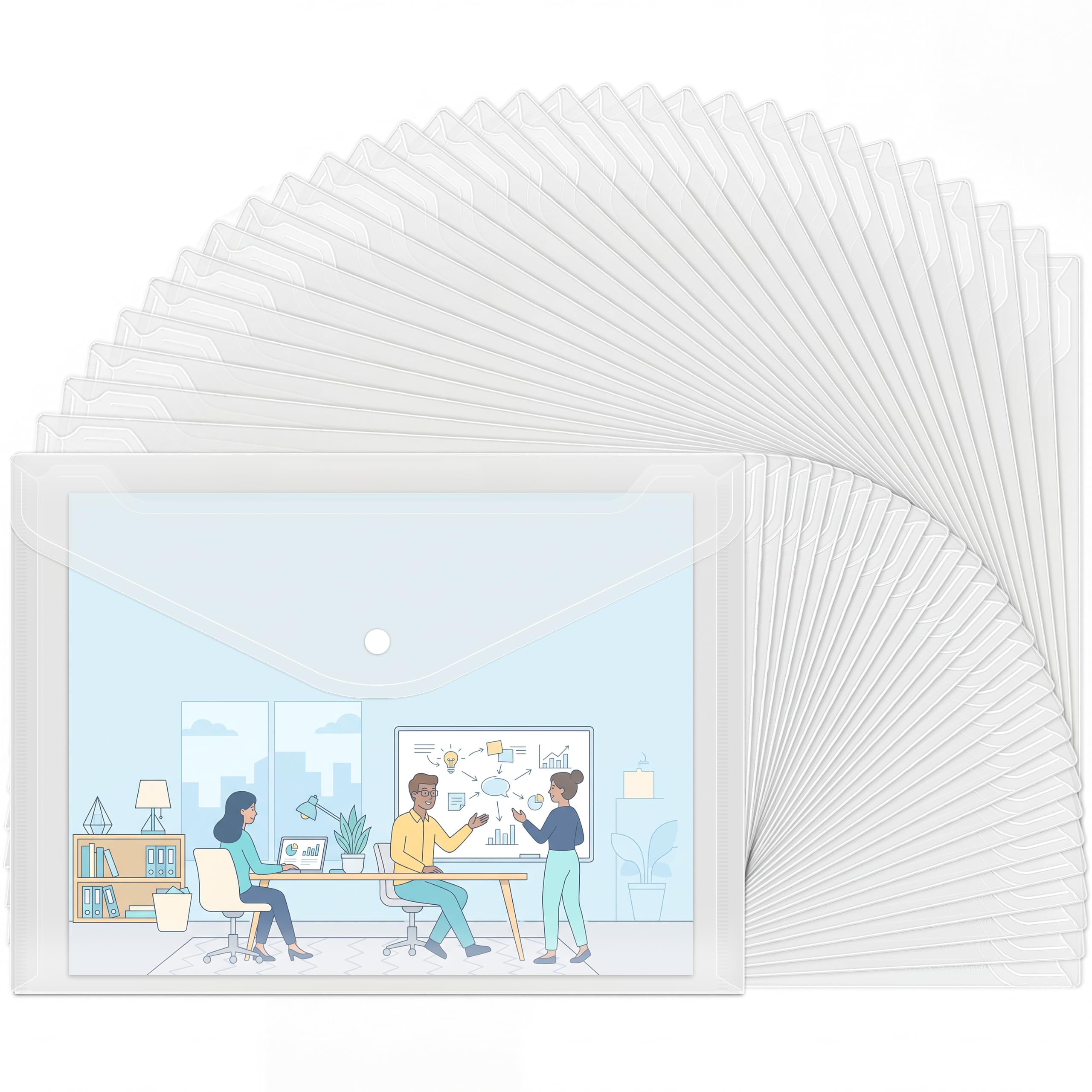 30pcs Plastic Envelopes, Clear Reusable Poly Envelope Waterproof File Folder with Snap Button, US Letter, A4 Size