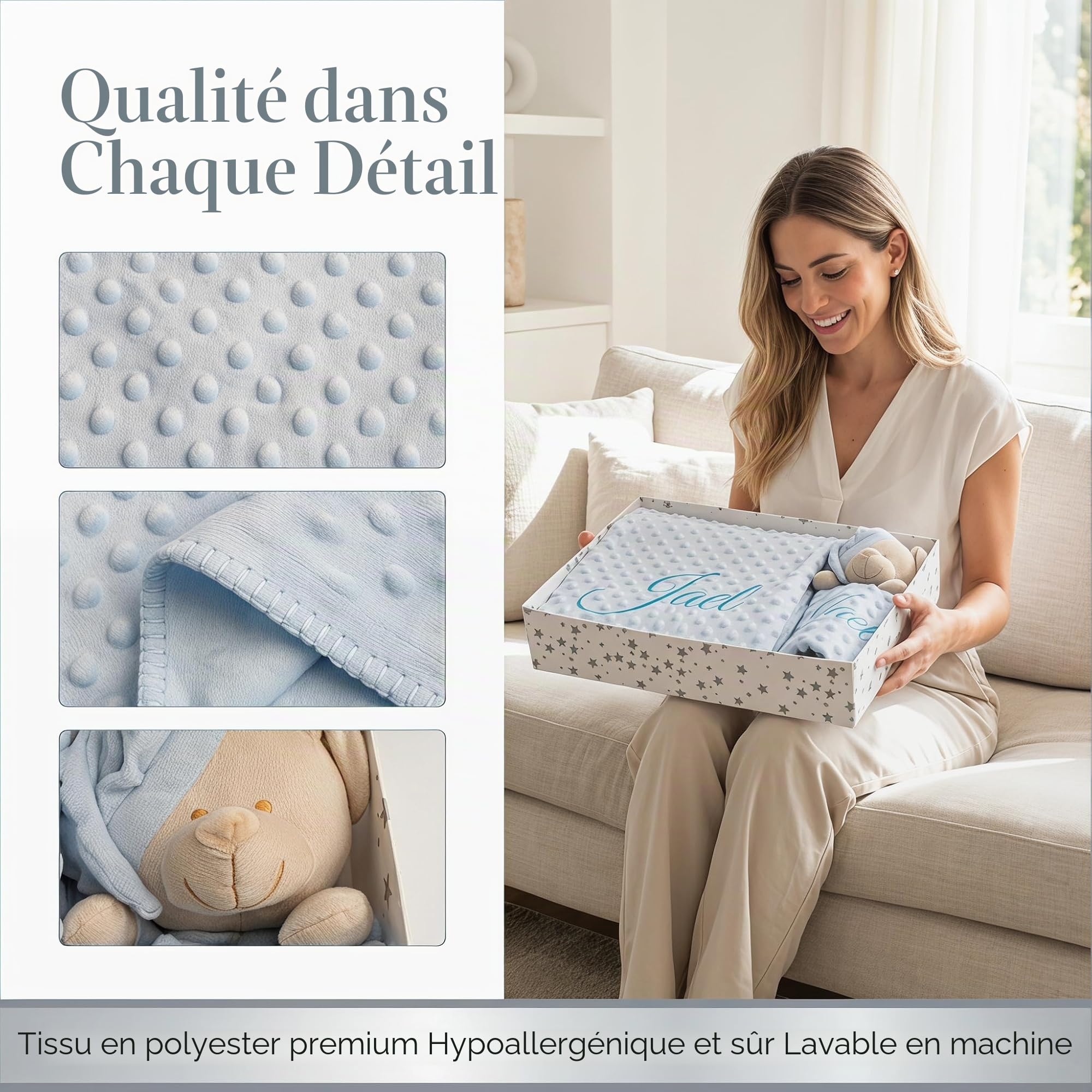 variouss Couverture Bébé Personnalisée + Dou-Dou avec Nom Brodé pour Baptême, Nouveau Né, Baby Shower.