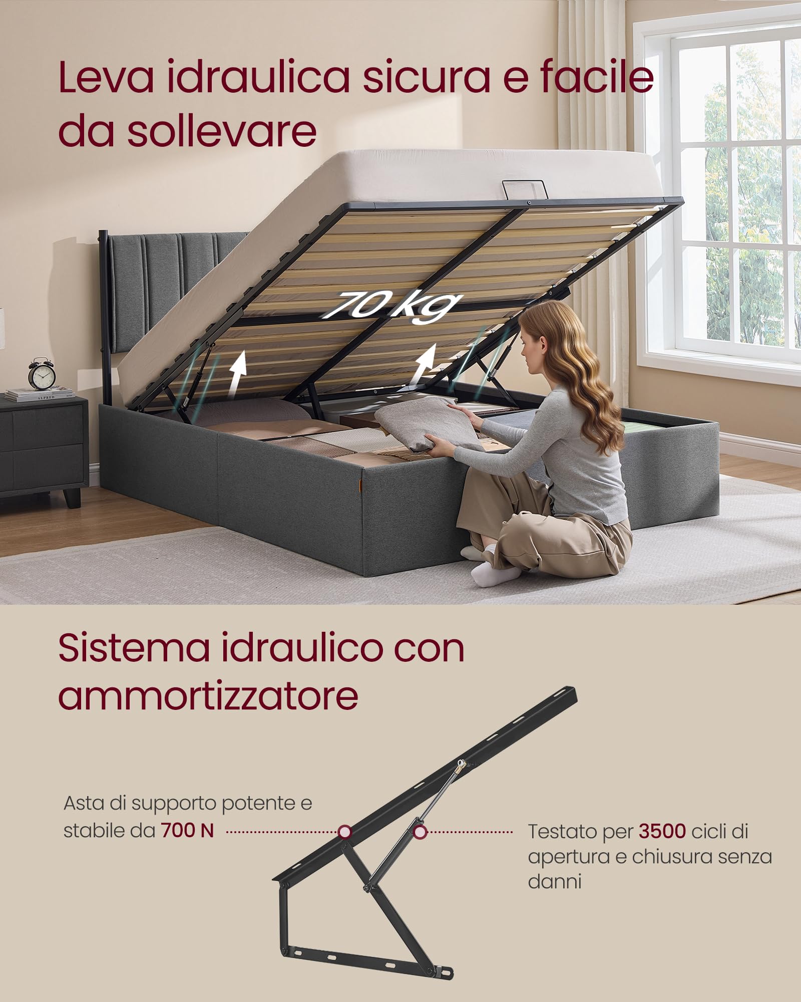Struttura Letto Matrimoniale 160x200 VASAGLE | Testiera Imbottita In Beige Cappuccino | Doghe In Acciaio | Carico 500 Kg | Facile Montaggio