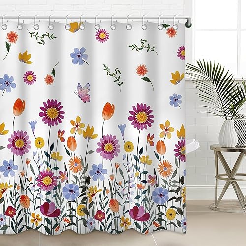 Juego de cortinas de ducha de flores silvestres para baño, decoración de baño de primavera y verano, 72 x 72 pulgadas, cortina de ducha de tela