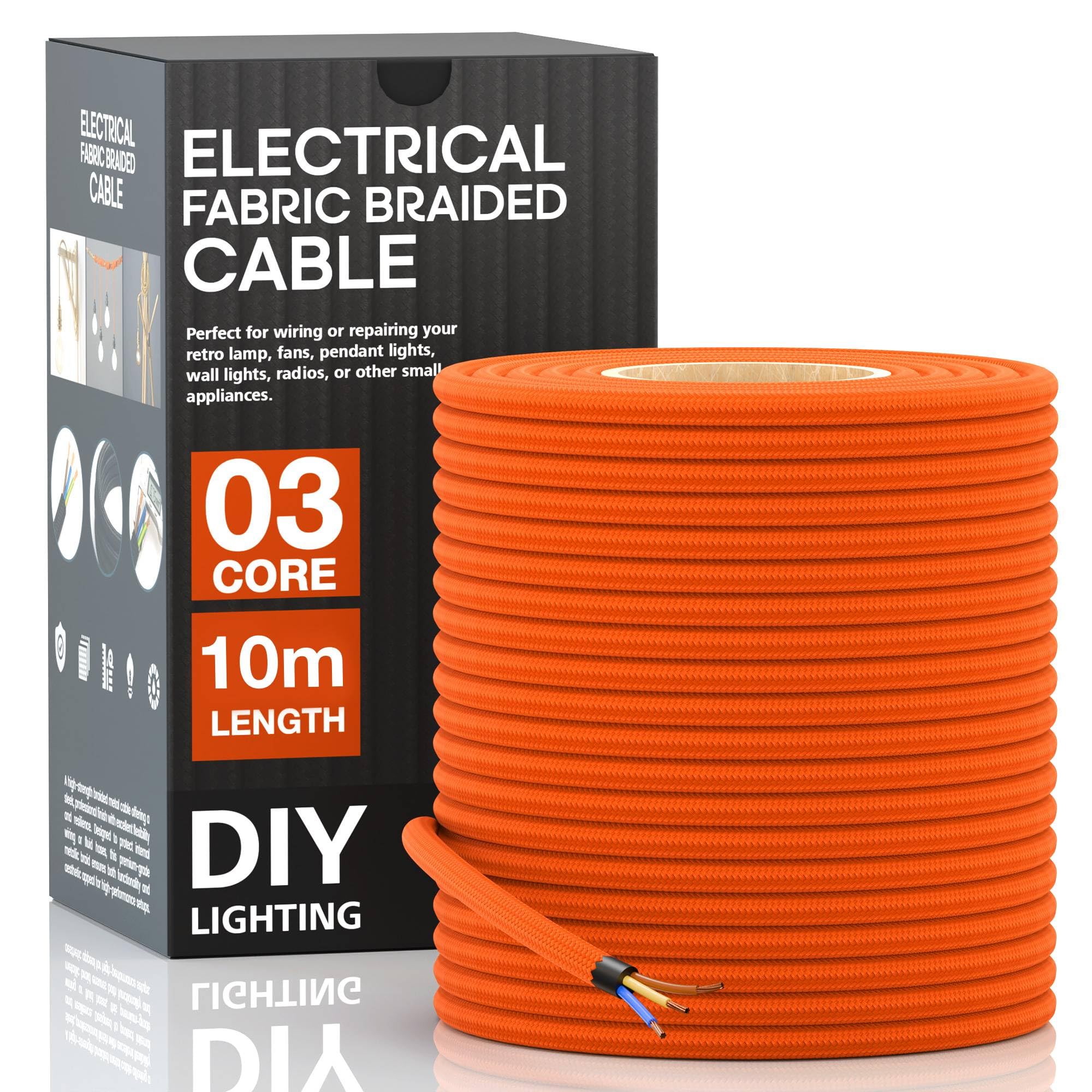 10 Meters / 32.8FT Electrical Cable Wire, Orange 3 Core 0.75mm² Round Fabric Cable, Vintage Flex Cloth Braided Wire for DIY Lamps Industrial Pendant Lights Flexible Lighting Project (Orange) — image 1
