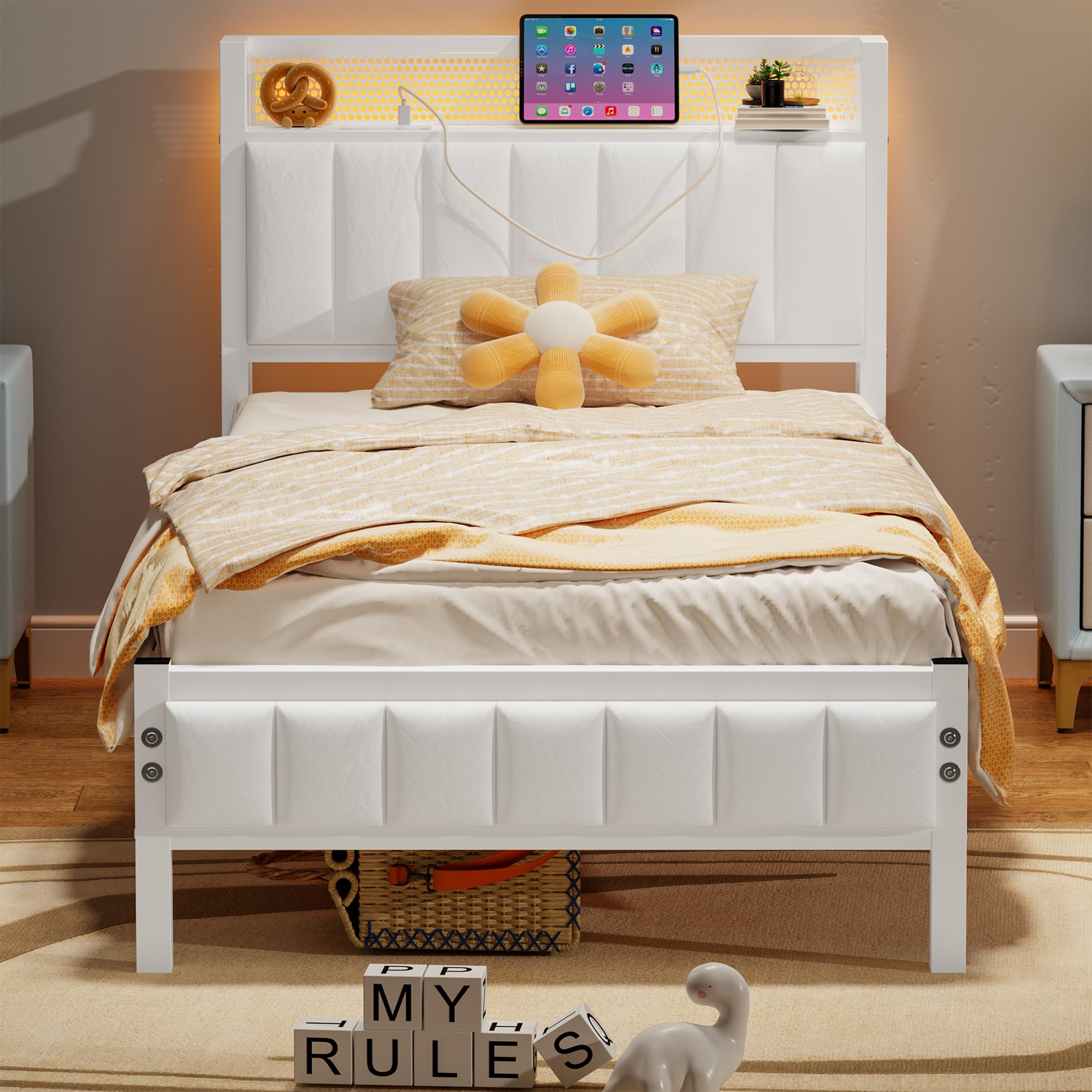 BORPHOM Single Bed Frames with Storage Headboard and Charging Station/LED Lights,Heavy Duty Metal Bed Frame Single No Box Spring Needed,Solid Bedstead Base/Strong Steel Slats Support/White