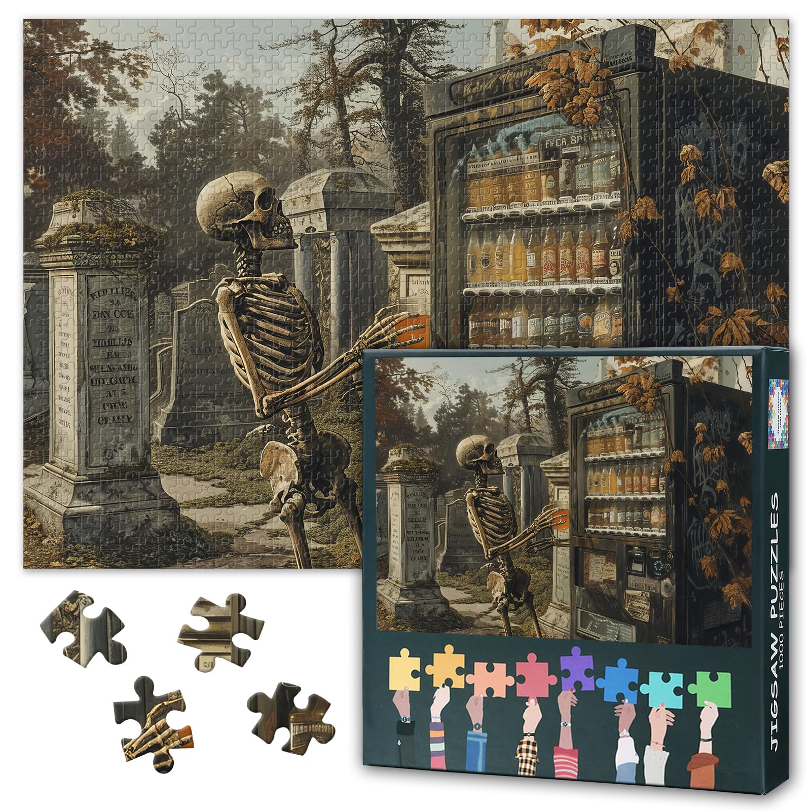 1000 Piece Puzzle for Adults & Jigsaw Puzzles, Vintage Skeleton in the Cemetery, Gothic Graveyard Art Design