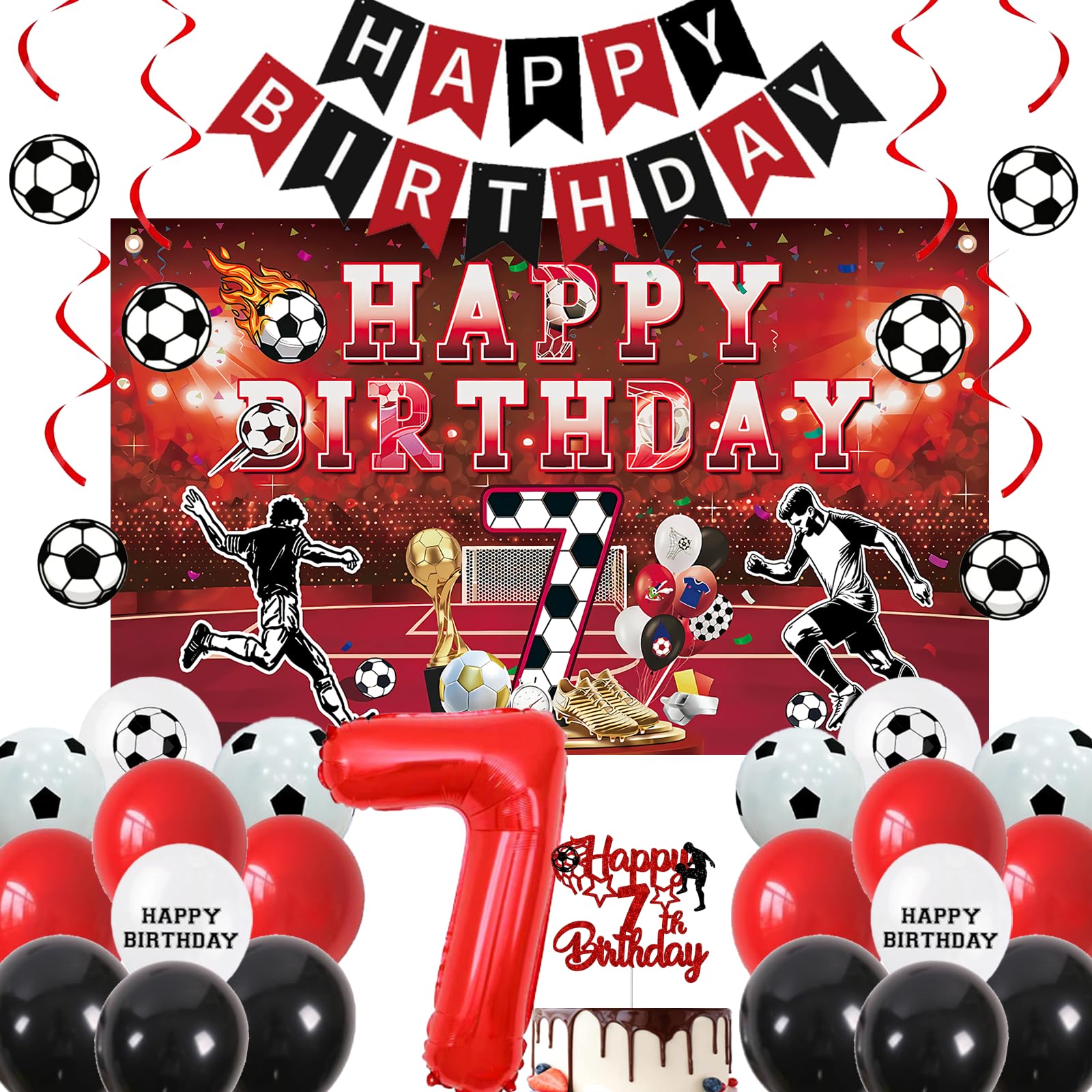 Red Football Theme Birthday Party Decorations with Backdrop - Soccer Party Supplies with Latex balloons, Banner, Champion Foil balloons, Birthday Favors for Kids (Red 7)