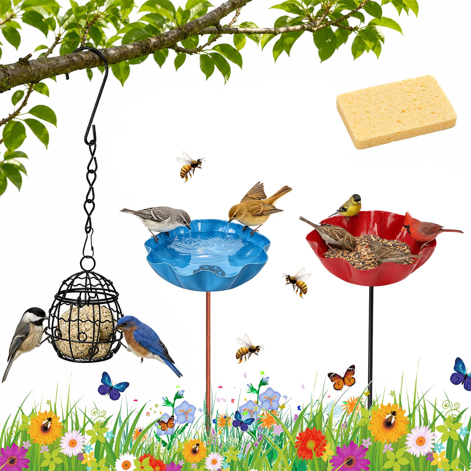 Metal Flower Bird Bath and Feeder Set, 2Pcs Decorative Watering Station for Wild Birds, Hanging Fat Ball Feeder, Garden Accessories for Birds Butterflies and Bees
