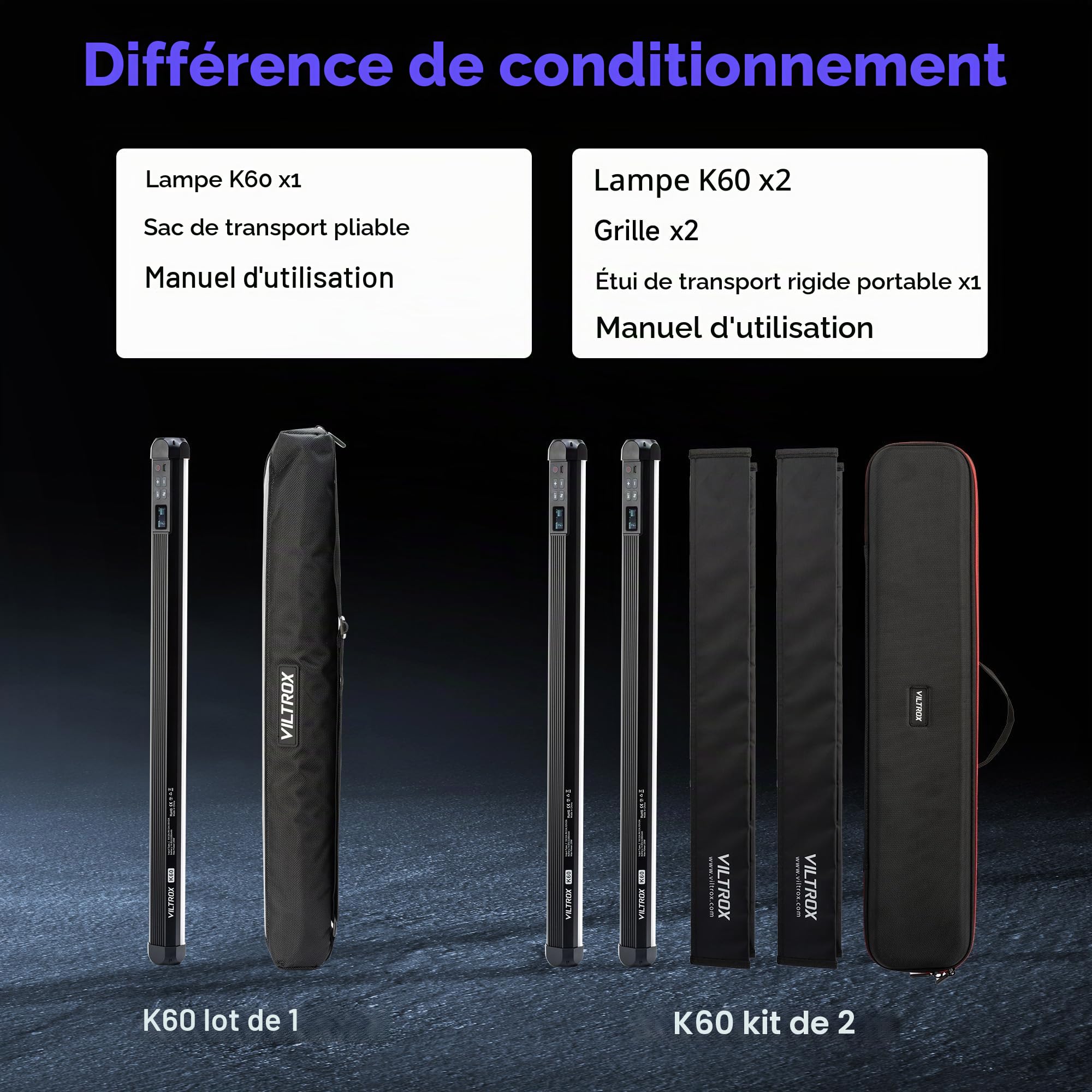VILTROX K60 Lot de 2 bâtons Lumineux RVB, Grand Tube Lumineux pour Photographie de 22,8", Batterie Rechargeable 32Wh, 20W/1950 LM, Baguette Lumineuse RVB avec CRI 95 + 360°, écran LCD 2500K-8500K