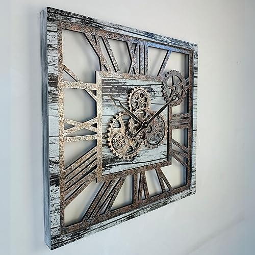 Miniatura 4 de The Gears Clock - Reloj de pared cuadrado con engranaje móvil real de 24 pulgadas, estilo vintage, industrial, de gran tamaño, rústico, granja (gris