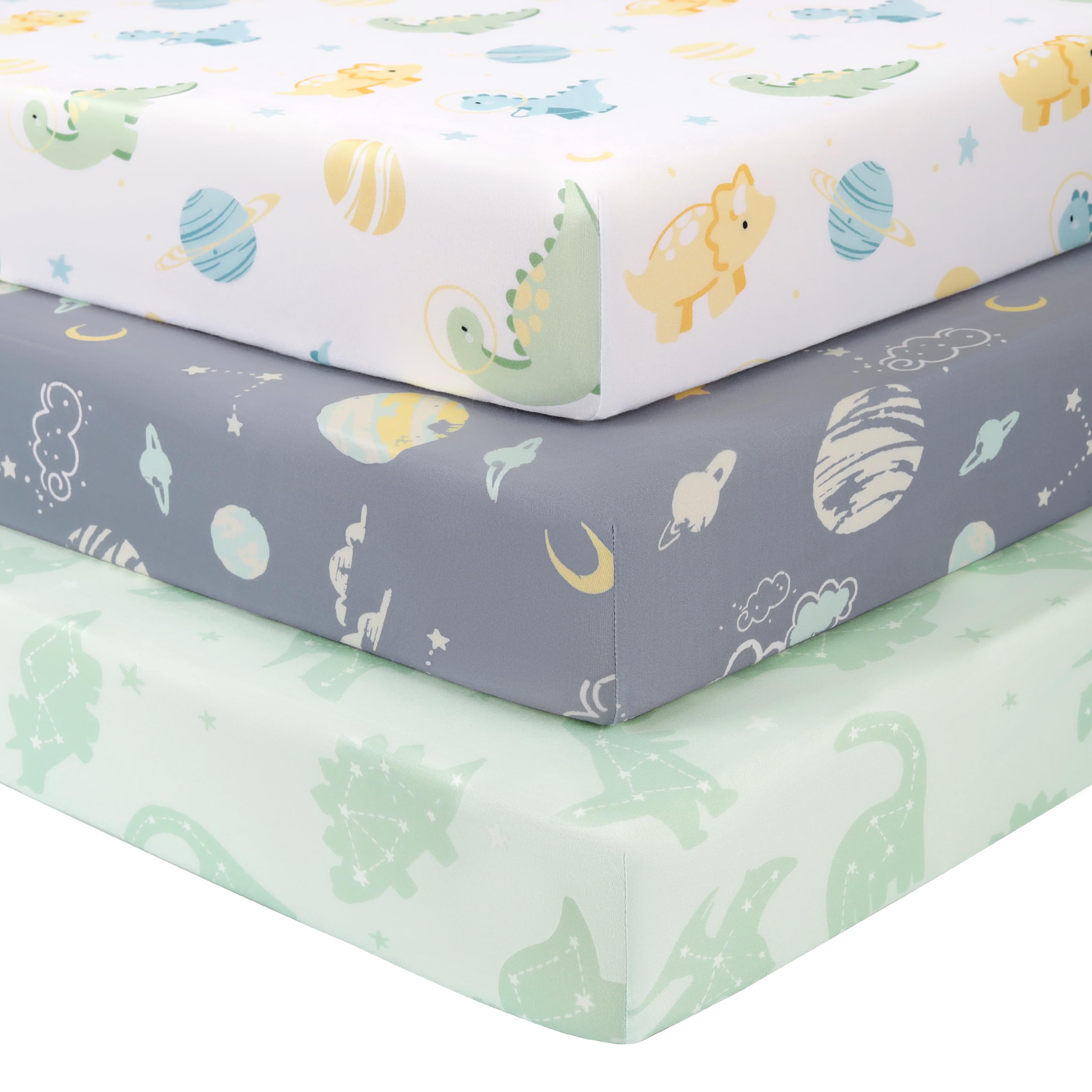 Fiemol Lenzuola Lettino 140x70 cm, Confezione da 3 Coprimaterassi per Lettino Neonato, Lenzuola con Angoli Elasticizzate in Microfibra Ultra Morbida e Setosa, Pianeta Dinosauro Verde