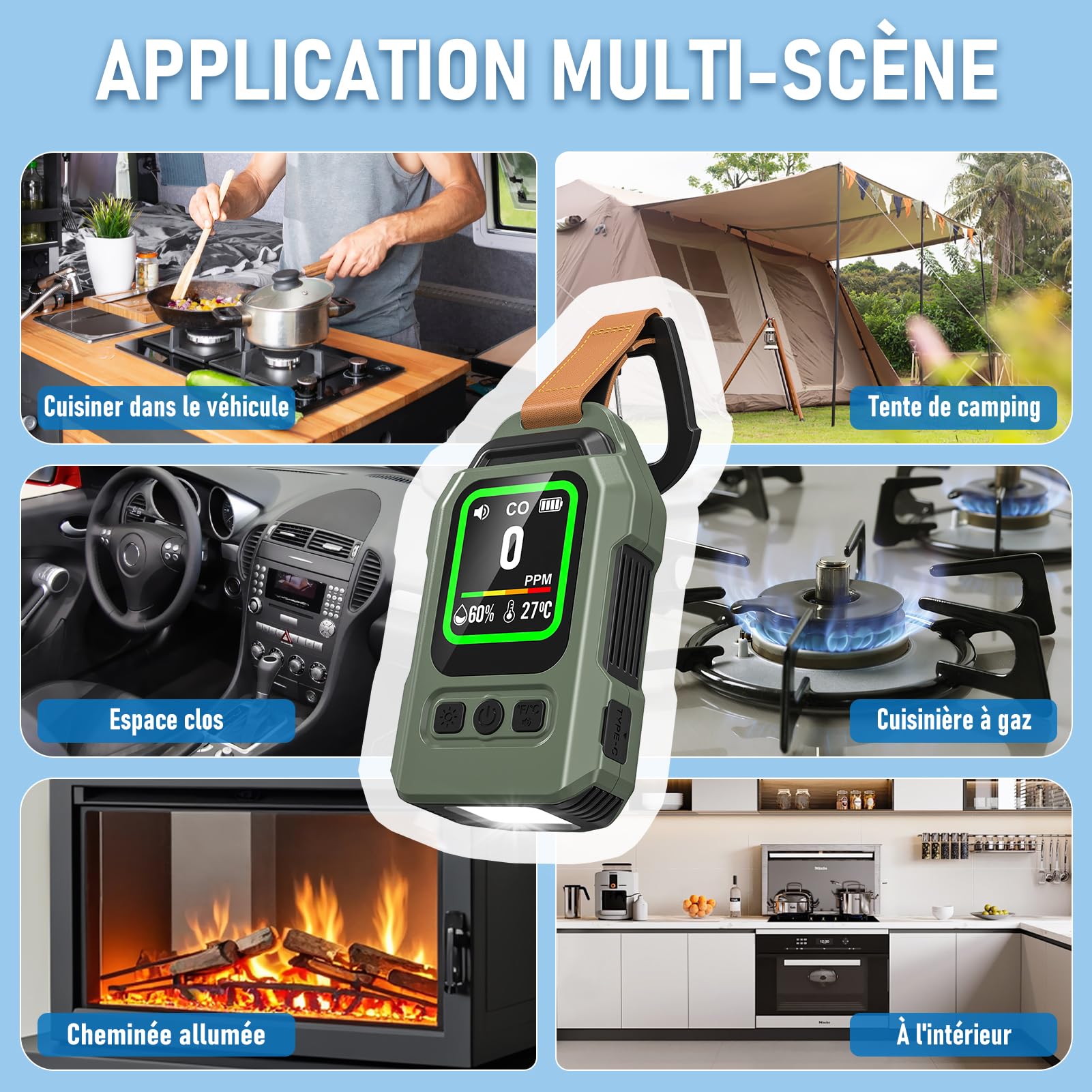 Detecteur Monoxyde Carbone Portable, Autonomie de 300 Heures, thermomètre et hygromètre avec Fonction d'alarme et Lampe Torche d'urgence, idéal pour Le Camping, Les Voyages, la Voiture et la Cuisine.