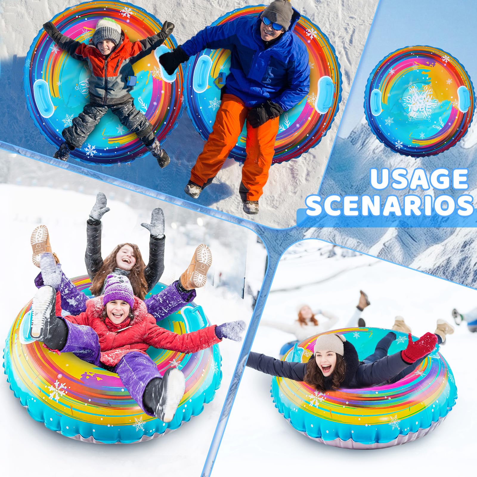 Nadmuchiwane sanki śnieżne z 2 uchwytami, 80 x 80 cm, gruba nadmuchiwana rura śnieżna dla wszystkich grup wiekowych, Snow Tube, nadmuchiwane luges, na żywo niezapomniane zimowe przygody