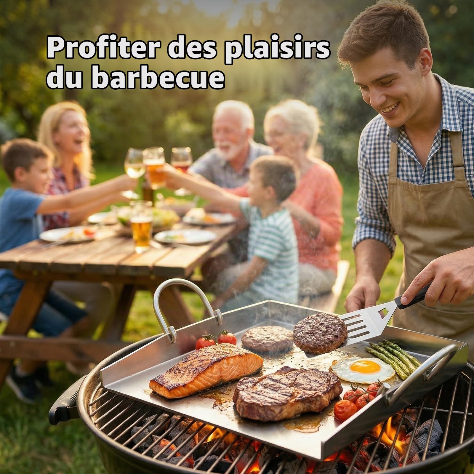Plancha en Acier inoxydable 40 x 30 cm avec 2 Spatules, plaque en acier inoxydable de 4 mm, Sans bord avant, idéale pour les hamburgers, les légumes, le poisson, etc.