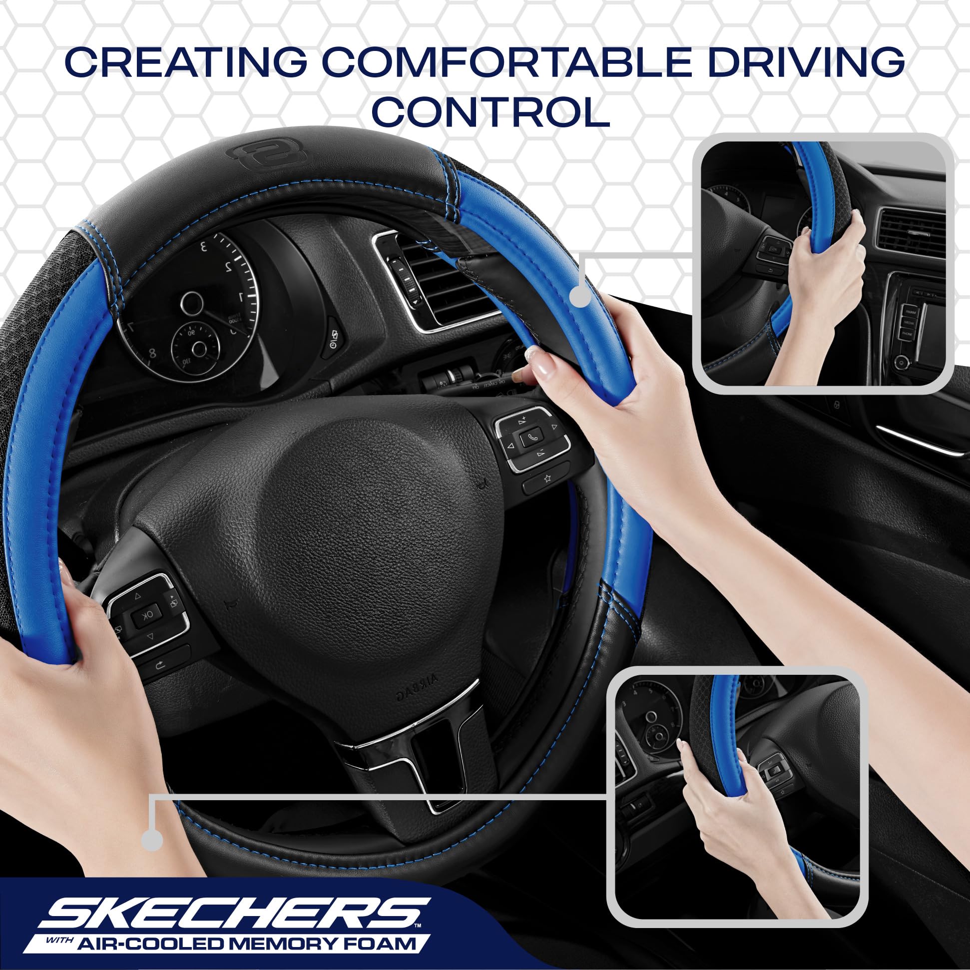Skechers Luftgekühlter Lenkradbezug, luftgekühltes Netz-Leder, universelle Passform, 35,6 cm, 1,27 - 38,1 cm, Auto-Radschutz für Männer und Frauen, passend für SUVs, Vans, Limousinen, Auto, LKW, Blau