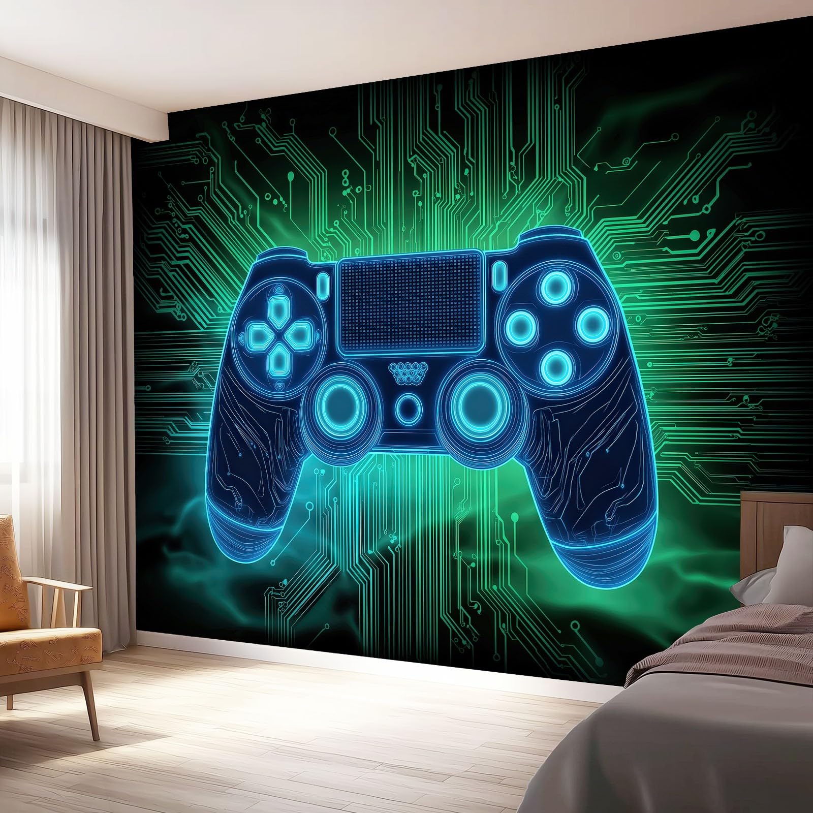 Tapeta z motywem, 250 x 175 cm, wzór kontrolera gier, wodoszczelna dekoracja ścienna do pokoju młodzieżowego i kącika do gier, niebiesko-zielona